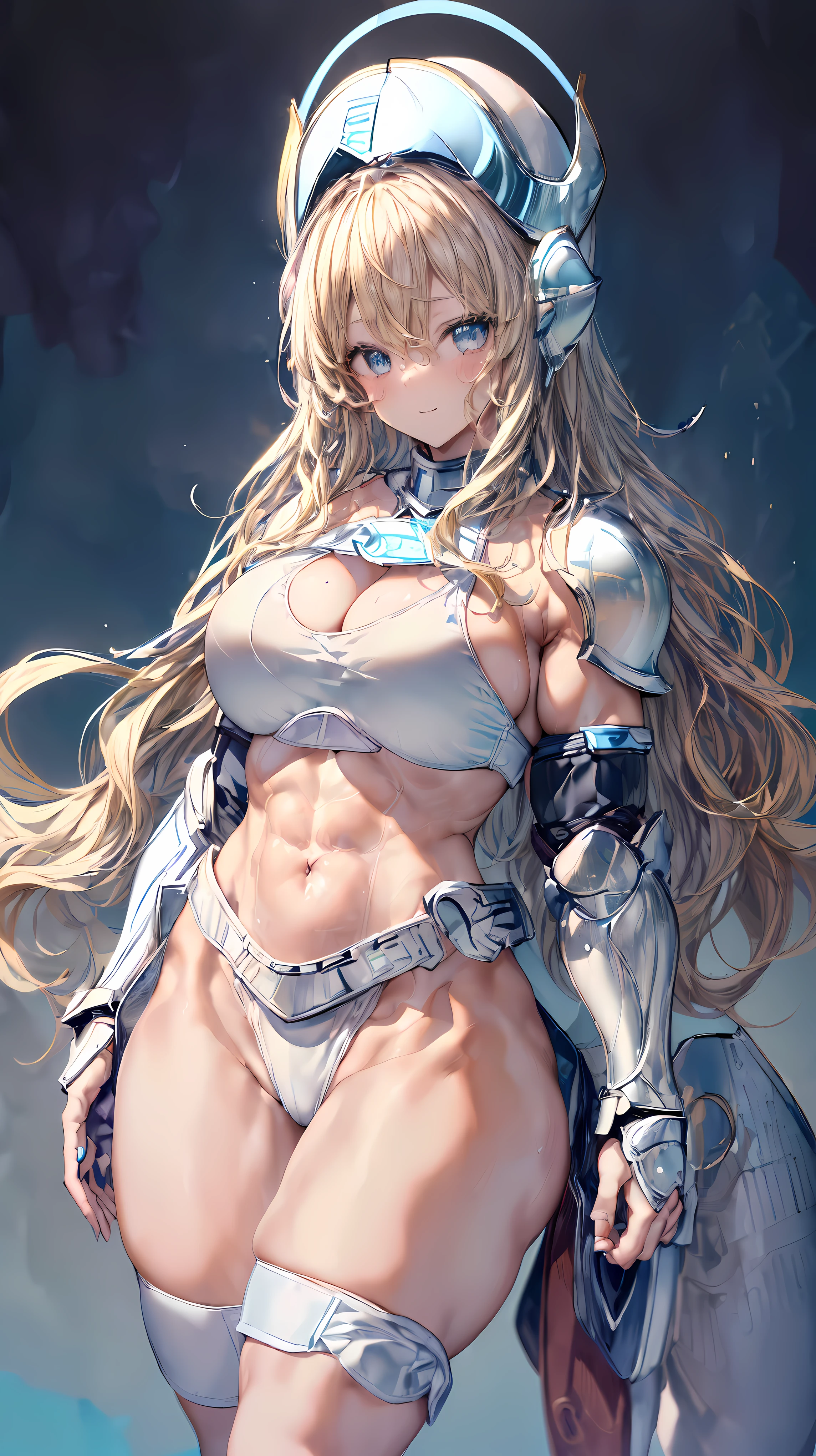 (Adult women:1.5)、Very detailed、highest quality、Best image quality、masterpiece、8k、Anime Face、A kind smile、Open your mouth、Sparkling blue eyes、(Blonde Wavy Hair:1.5)、、Muscles of the whole body、(High leg:1.5)、(Thigh belt:1.5)、(Wearing white bikini armor:1.5)、(Cowboy Shot:1.5)、(Leg armor:1.5)、(Wearing a helmet:1.5)