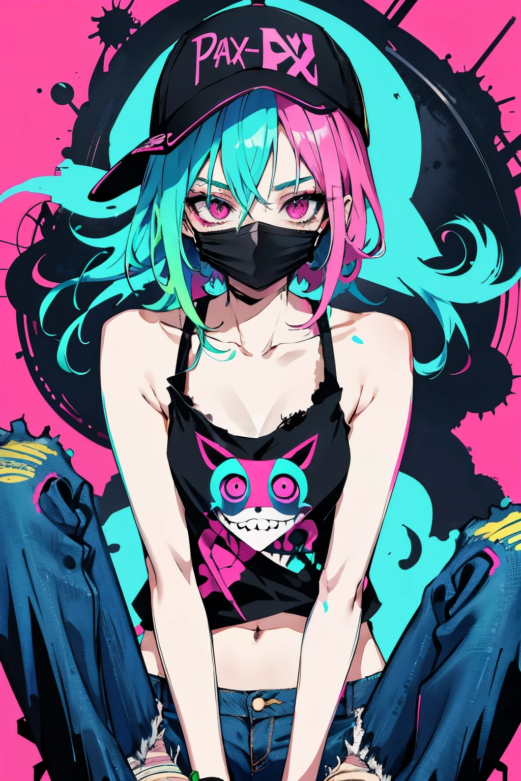 (Slim anime girl with hat and mask) Thin face, Holding a spray can, Pink Eyes, green messy hair, Beautiful eyes, Beautiful Hair, Neon pink and blue street background, (Black tank top, Distressed jeans) Bad boy