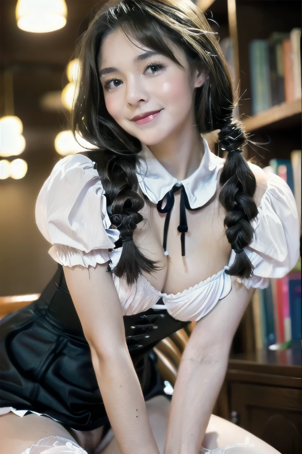 (((Browsing Caution)))、(((Spread your legs)))、((detailed、highest quality、8k、masterpiece:1.3))、One Woman、smile、(Brown Hair:1.2)、Beautiful Ukrainian woman:1.3、(Casual Hairstyles、Small breasts:1.2)、in house、Super detailed Face、detailedな目、double eyelid、(Gothic ta:1.2)、(White Tight Corset:1.2)、library、From below、(((14 y(((Beautiful Skin)))、(((Pussy)))