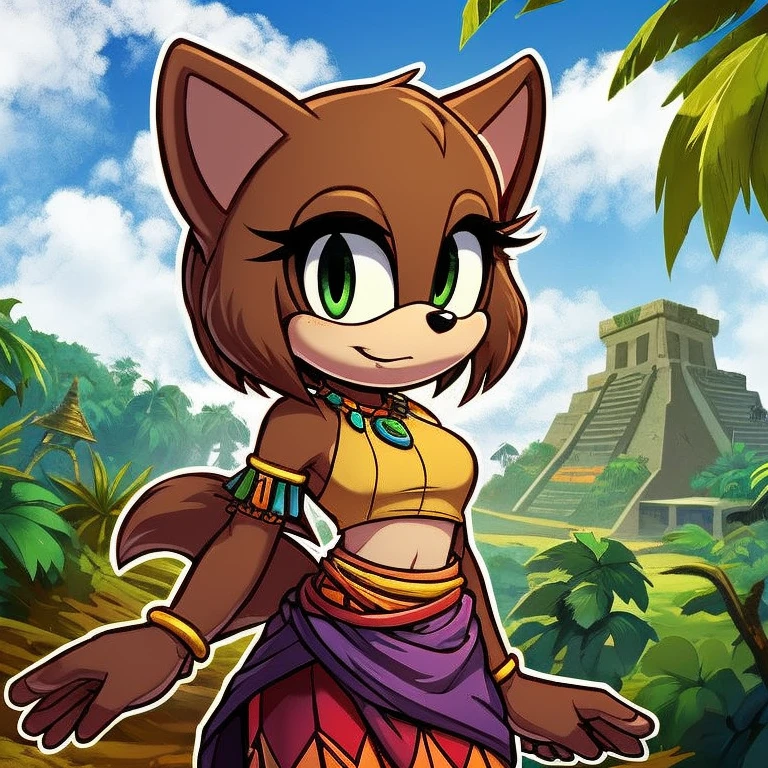 sonic (series), 1girl, anthro panther girl, female mobian, mobian, blunt bangs, short hair, green eyes, (brown fur:1.3), aztec clothes, aztec skirt, jungle biome, aztec piramid, outline, Intricate Details, Masterpiece, Best Quality, High Quality, Studio Quality, Best Detail, Perfect Detail, Refine Detail.