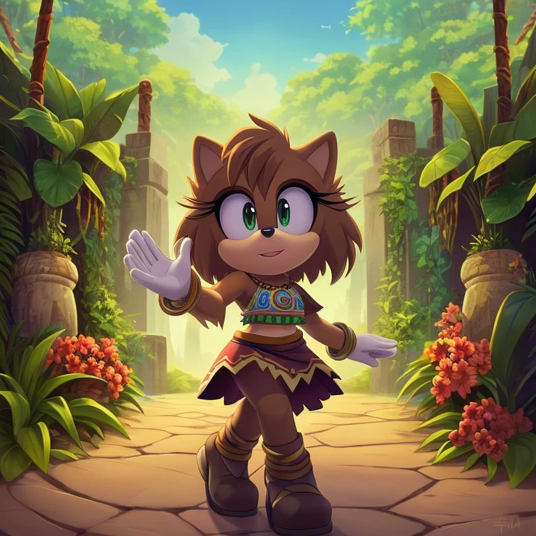 sonic (series), 1girl, anthro panther girl, female mobian, mobian, blunt bangs, short hair, green eyes, (brown fur:1.3), aztec clothes, aztec skirt, jungle biome, aztec piramid, outline, Intricate Details, Masterpiece, Best Quality, High Quality, Studio Quality, Best Detail, Perfect Detail, Refine Detail.