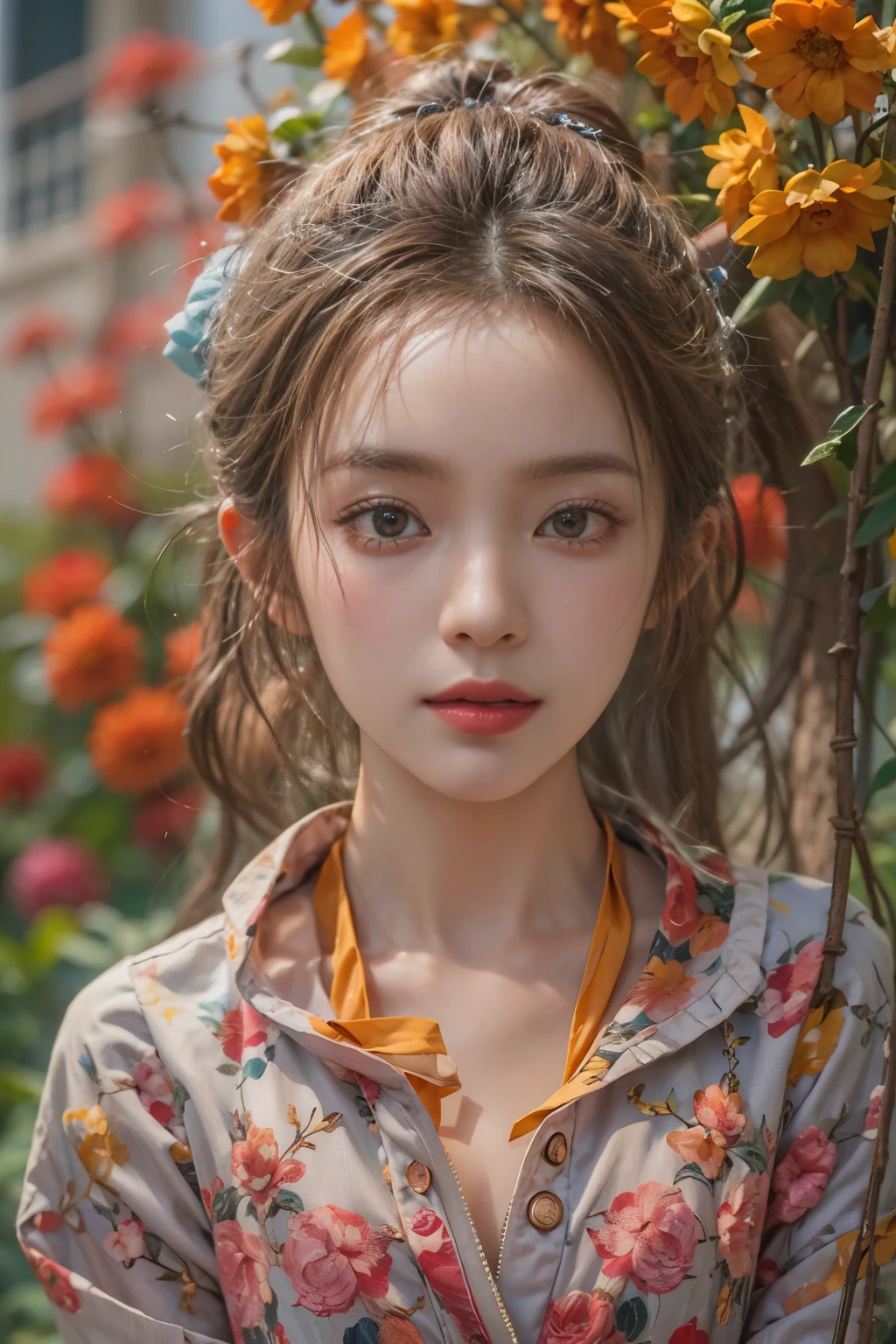 masterpiece, best quality, high quality, high quality, high quality 질감, high quality 섀도우, high detail, beautiful detailed, in detail, Highly detailed CG, detailed texture, a realistic representation of the face, realistic, fancy, feeble, sharp focus, (intricate details, assembly, pure face_V1:0.5), (detailed beautiful feeble face, (detailed beautiful feeble eyes), perfectly proportioned face, high detailed skin, detailed skin, Best Proportion Four Fingers and One Thumb, thin and thin:1.3), 1 woman, 17 years old, 키가 big, pretty, masterpiece, (long_thin_leg), (upright_leg), (thin_waist), (((fair skin))), White skin, (((pale skin))), (emma_Watson), big_chest, (((Caucasian))), brown hair, orange headband, orange short pleated skirt, ((baggy clothes, big clothes)), ((crop top)), standing leg apart, looking at viewer, whole body, Portrait of cute blonde girl, flower밭에 서서 (((looking far away))), flower, orange fog, work out, Tied hair, realism, high quality 렌더링, amazing art, high quality, film grain, Fujifilm XT3, dreamy,