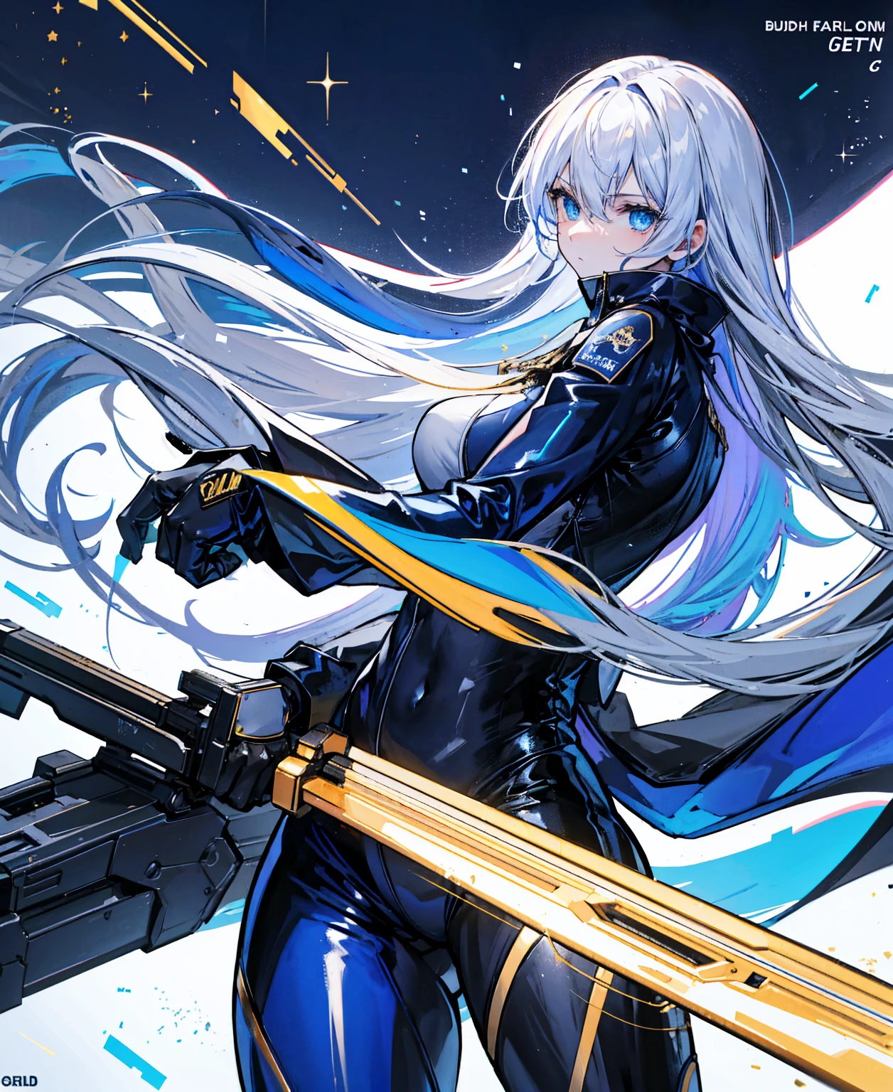 There is no background,girl,Carry a firearm,Navy blue patent leather tight suit,Use of firearms,Long golden hair,attention arousal,Blue sparkling eyes,No gradients