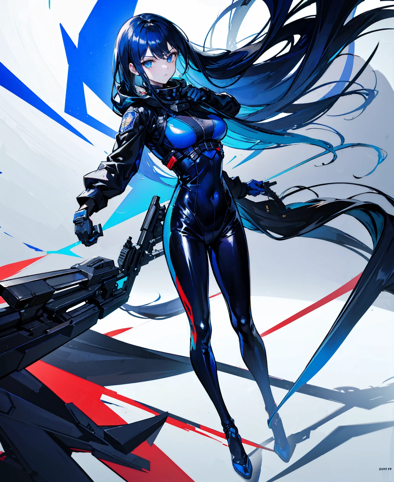 There is no background，girl，Carry a firearm，Patent leather tight suit，Use of firearms，Navy blue long hair，attention arousal，Blue colored eyes,No gradients