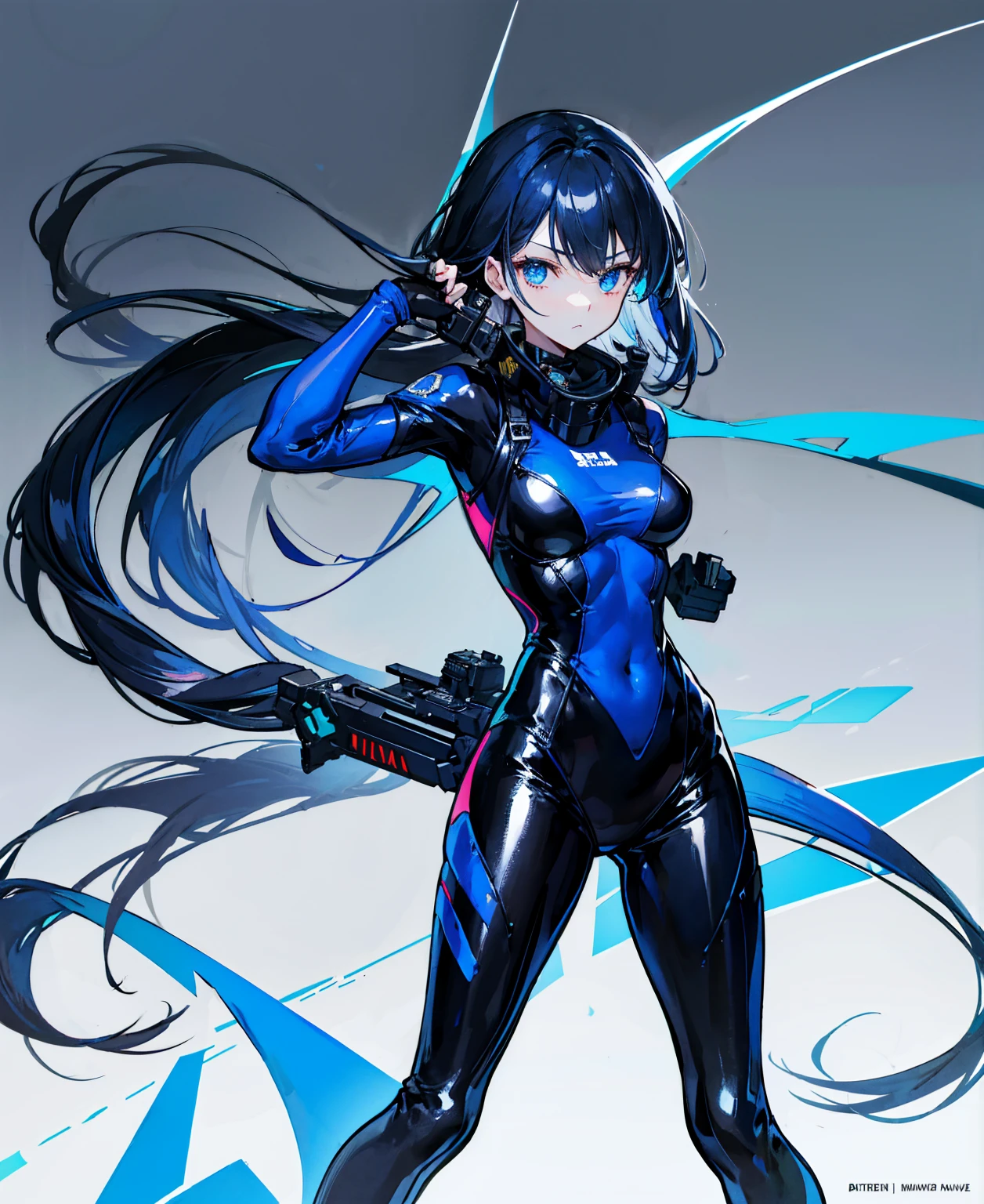There is no background,girl,Carry a firearm,Patent leather tight suit,Use of firearms,Navy blue long hair,attention arousal,Blue colored eyes,No gradients