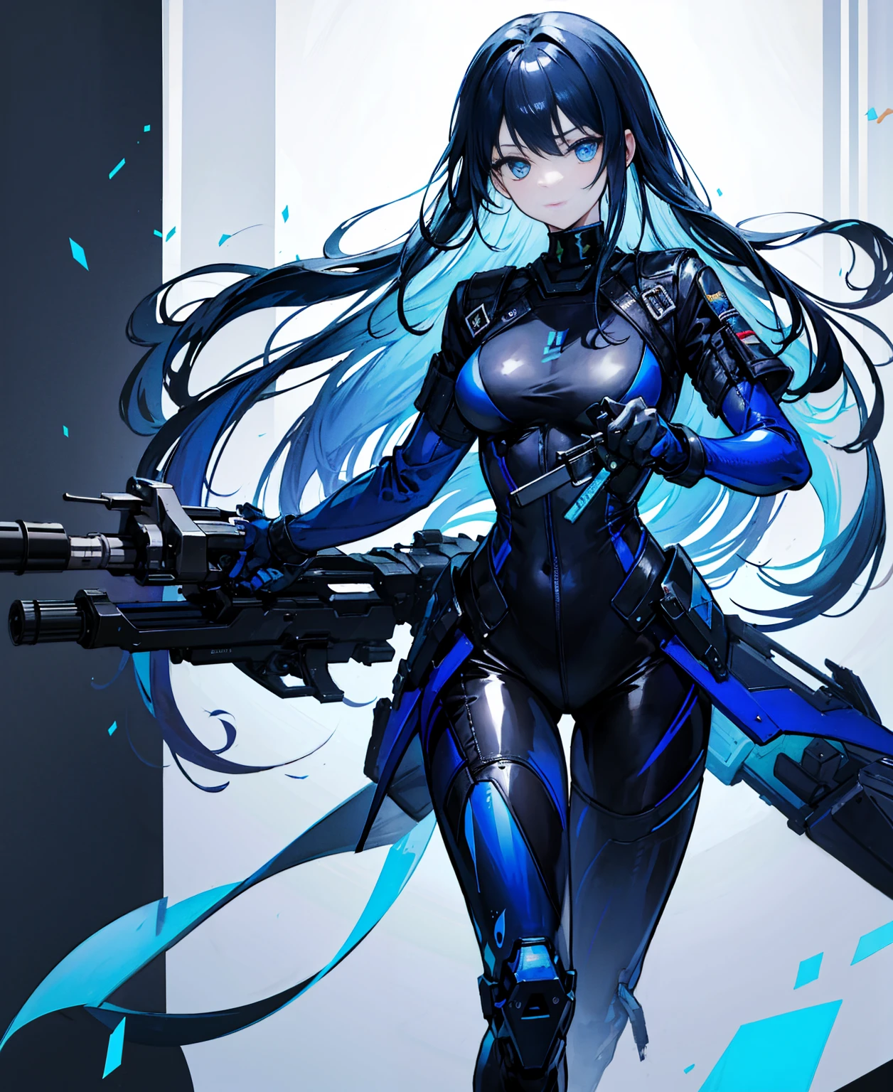 There is no background,girl,Carry a firearm,Patent leather tight suit,Use of firearms,Navy blue long hair,attention arousal,Blue colored eyes,No gradients