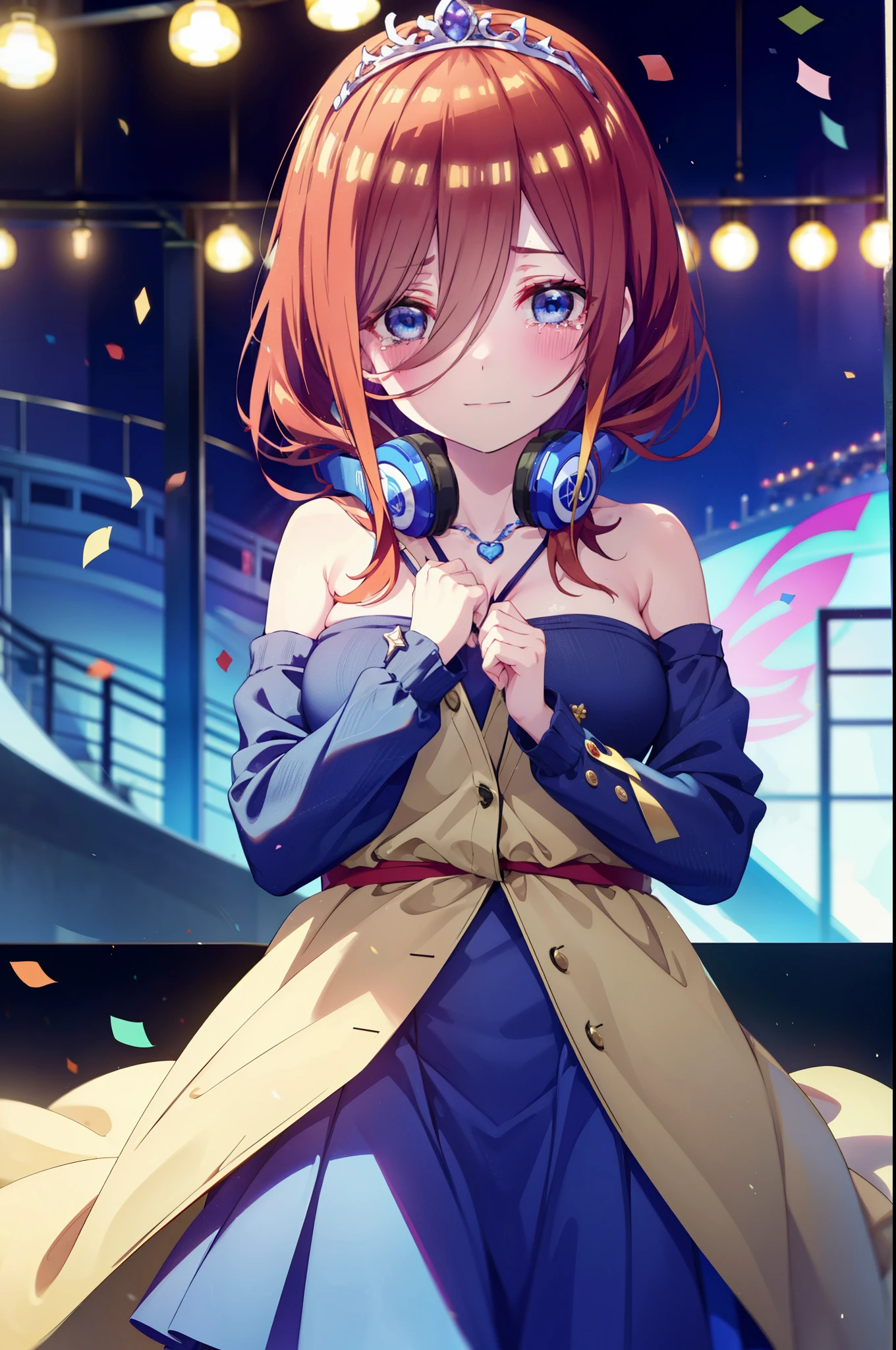 Miku Nakano, Miku Nakano, Long Hair, bangs, Brown Hair, shirt, Hair between the eyes, cardigan, Headphones around neck,tiara,Star Hair Ornament,smile,blush,Blue Dress,Long skirt,Red Pin Heel,No sleeve,Expose your shoulders,Bare arms,Bare neck,bare clavicle,Heart Necklace,Tears stream down her face,Tears of joy,I cry a lot,holding a large bouquet of flowers in each hand,Confetti,There is a birthday cake on the table,
break indoors, on stage,
break looking at viewer, (Cowboy Shot:1.5),
break (masterpiece:1.2), highest quality, High resolution, unity 8k wallpaper, (shape:0.8), (Beautiful details:1.6), Highly detailed face, Perfect lighting, Highly detailed CG, (Perfect hands, Perfect Anatomy),