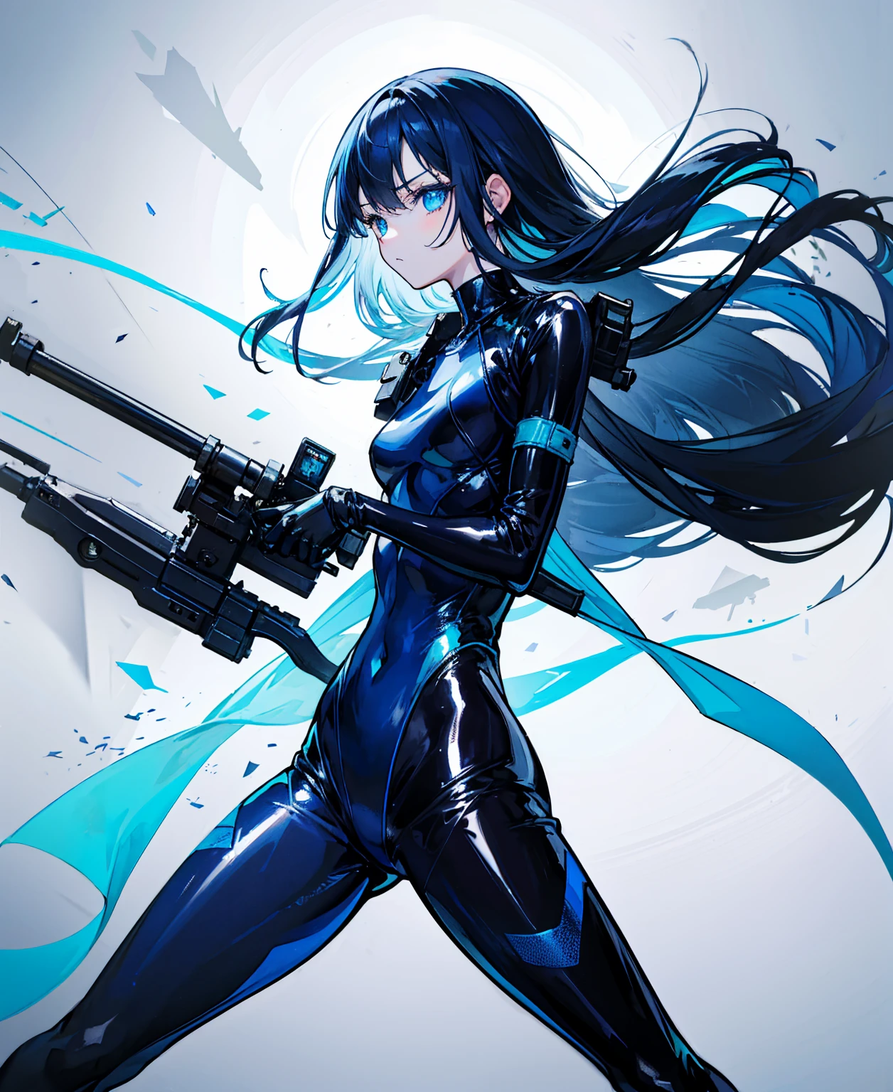 There is no background,girl,Carry a firearm,Patent leather tight suit,Use of firearms,Navy blue long hair,attention arousal,Blue colored eyes,No gradients