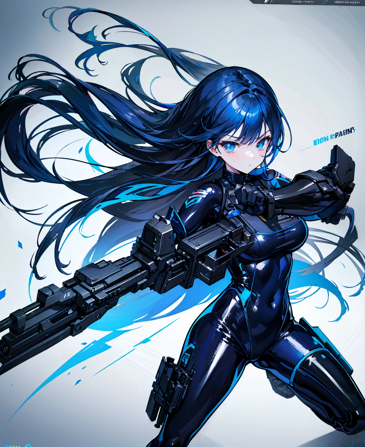 There is no background，girl，Carry a firearm，Patent leather tight suit，Use of firearms，Navy blue long hair，attention arousal，Blue colored eyes,No gradients