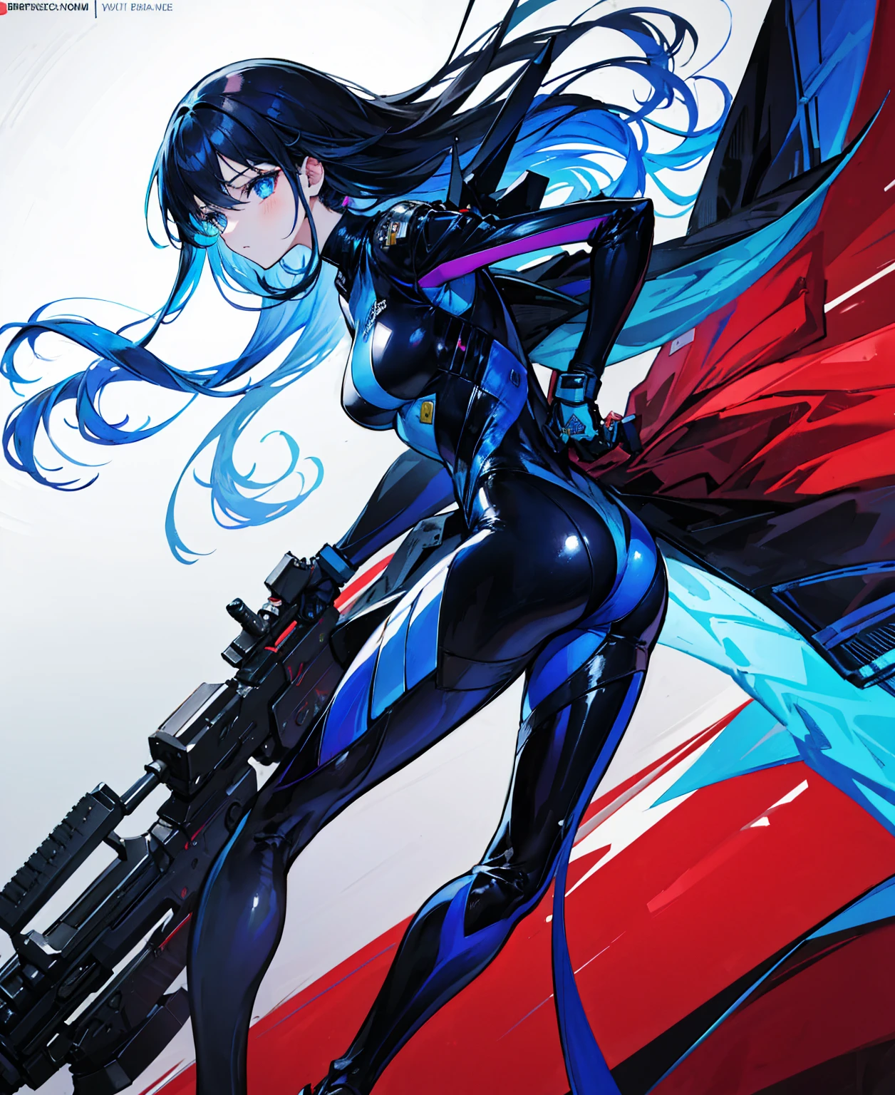 There is no background,girl,Carry a firearm,Patent leather tight suit,Use of firearms,Navy blue long hair,attention arousal,Blue colored eyes,No gradients