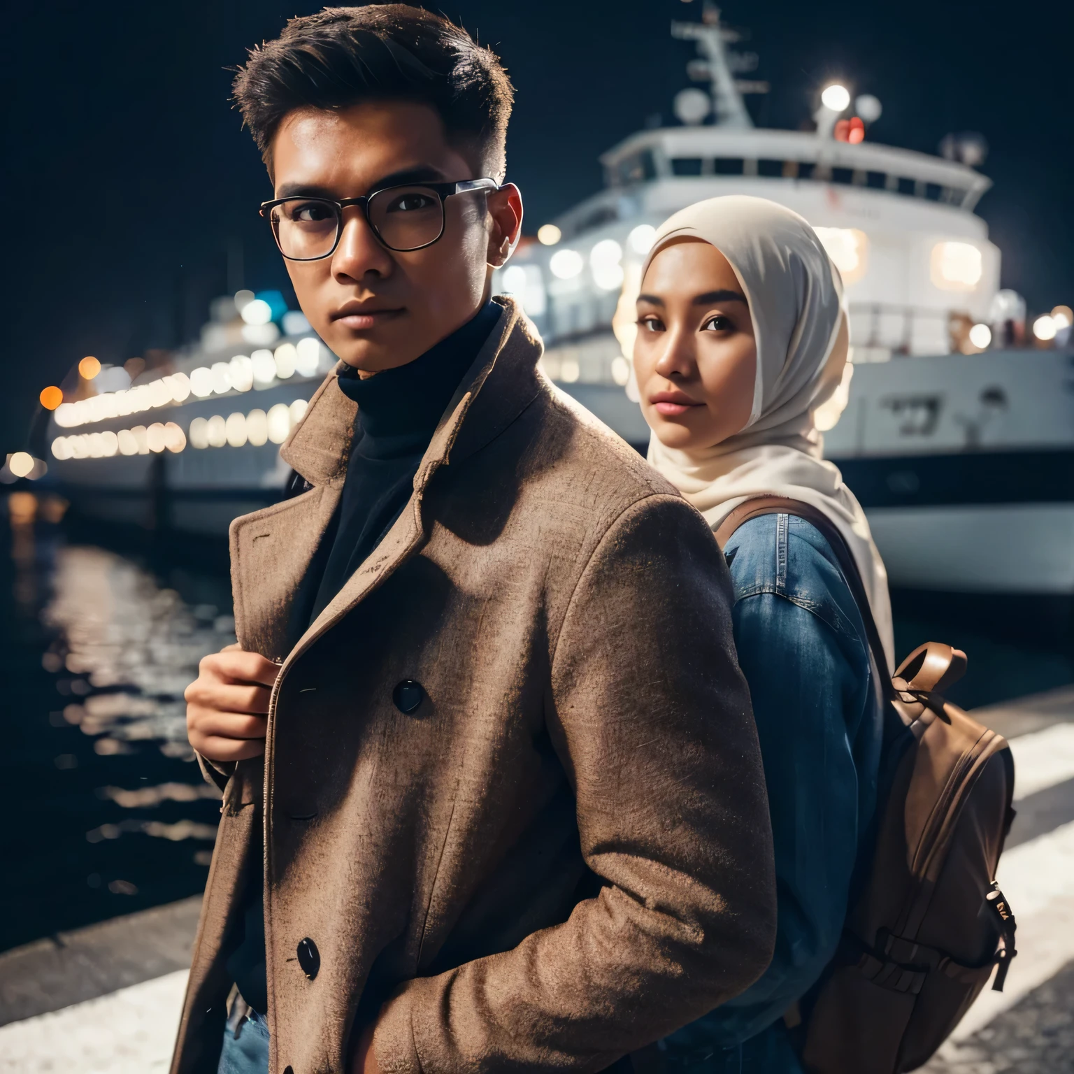 25 year old Indonesian man, brown skin, undercut hair wearing glasses, next to a 25 year old white Indonesian woman wearing a hijab, beautiful, long distance shot, back view, cinematic portrait, a
peacoat jacket, jeans and boots,
standing on white road markings, with a
backpack, beauty pose, professional
photography, light behind it, bokeh
background with ferry in the distance.
standing in a quiet harbor, beautiful sea.
night with lights, sharp gaze, looking
camera