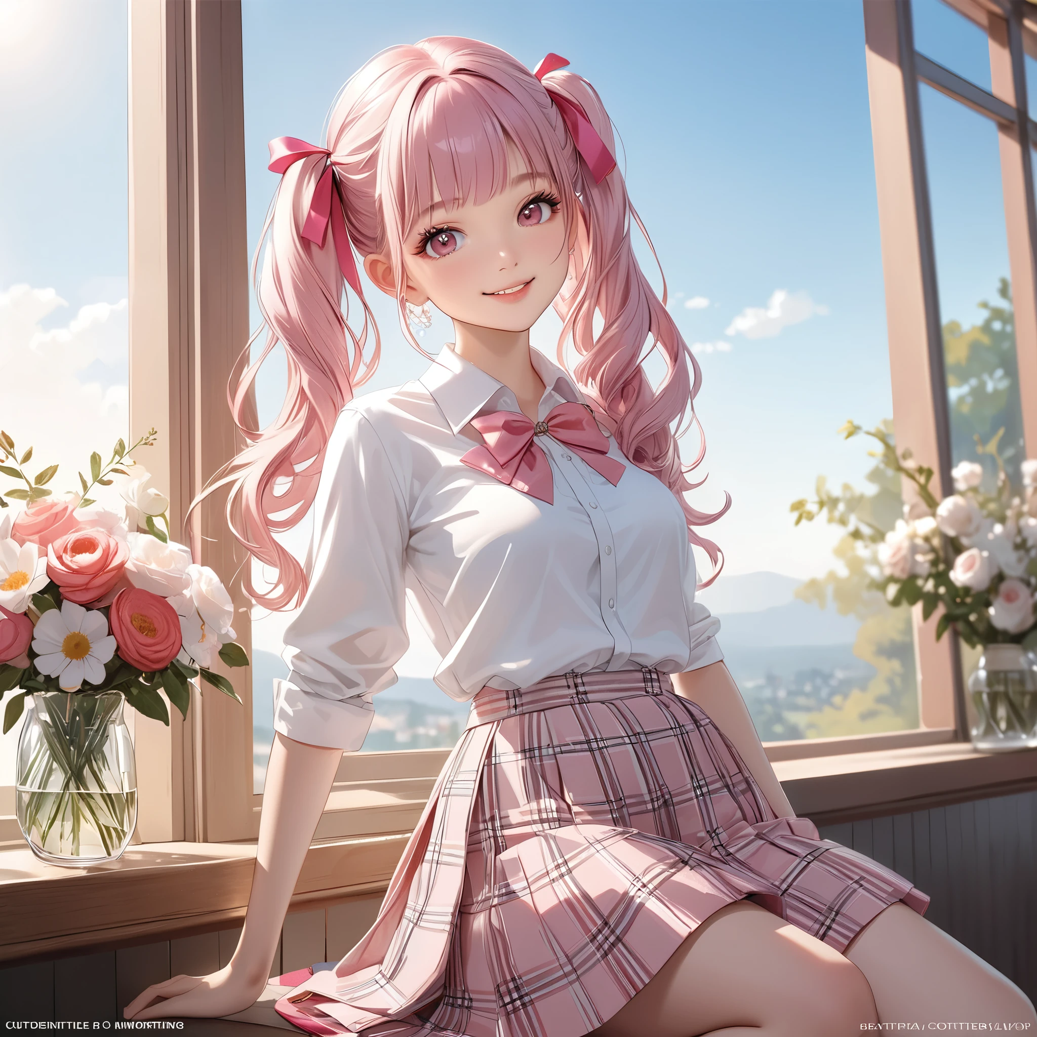 (8K, masutepiece, Highest Quality, Best Quality, Official art, Breathtaking beauty and aesthetics, A highly detailed, The best masterpiece in history that exceeds limits, Breathtaking and beautiful lighting:1.2), (1 Girl, Solo), (sixteen years old), (beautiful detailed face), (shiny white skin), (beautiful detailed pink twin tails hair, Bangs:1.3), (beautiful detailed drooping pink eyes:1.5), (high school uniform), (white shirt, pastel pink Tartan Plaid pleated skirt, patsel pink ribbon:1.3), (Beautiful big bust:1.3), (happy smile, Beautiful smile, Gentle smile, cute smile, innocent smile:1.2), (Attractive, amazing, Beautiful, Elegant, Luxurious, magnifica, Happy, Eye-catching, the ultimate beauty, Supreme Beauty, Superlative beauty, Elegant, Graceful, Everyone loves it, Beauty that fascinates everyone, Healed, The highest level of complete beauty, cute like an idol, Stylish like a fashion model, Goddess-like grace, Be loved, cute little, adolable), Look at the camera, cute pose, breathtaking scenery, (ultra detailed realistic Beautiful high school study, blue sky, morning:1.3),