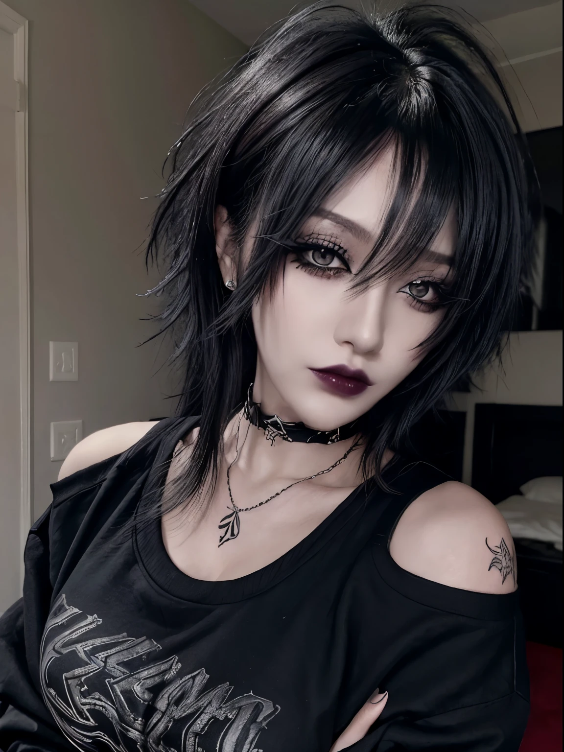 1girl, woman, emo_hairstyle, black lipstick, big choker, eyeliner, eye shadow, mascara, smoky eyes, black lips, bedroom, natural lighting, perfect face, emo, big breasts, black lips, sweatshirt, over the shoulder, tattoo