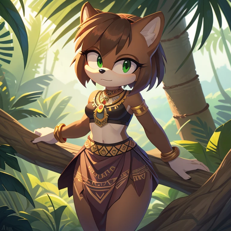 sonic (series), 1girl, anthro panther girl, female mobian, mobian, blunt bangs, short hair, green eyes, (brown fur:1.3), aztec clothes, aztec skirt, jungle biome, aztec piramid, outline, Intricate Details, Masterpiece, Best Quality, High Quality, Studio Quality, Best Detail, Perfect Detail, Refine Detail.