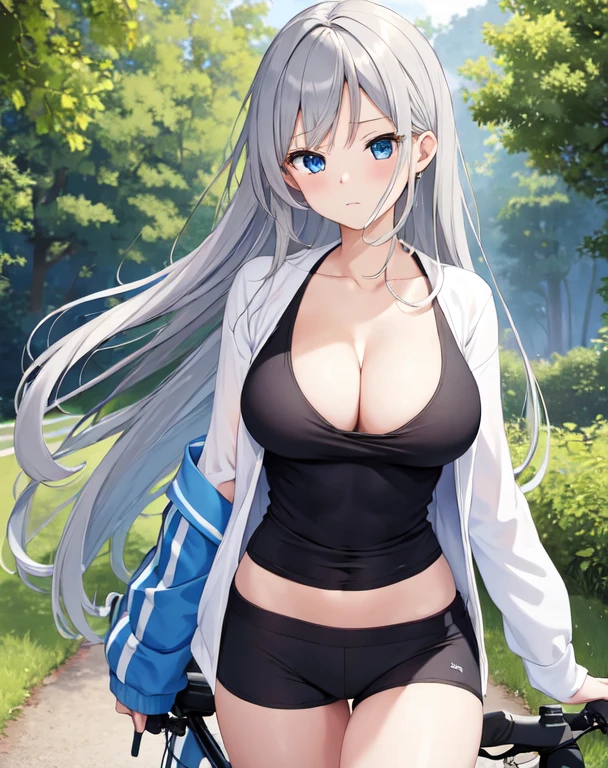 (((masterpiece))), ShizukaMikazuki, One Girl, alone, View your audience, Long Hair, Gray Hair, Long sleeve, Cleavage, Large Breasts, Close your mouth, clavicle, Abdominal muscles,Blouson, Open clothes, open Blouson, blue Blouson,open white shirt,Black shorts, Play sports often, bicycle,blue eyes,natural Park