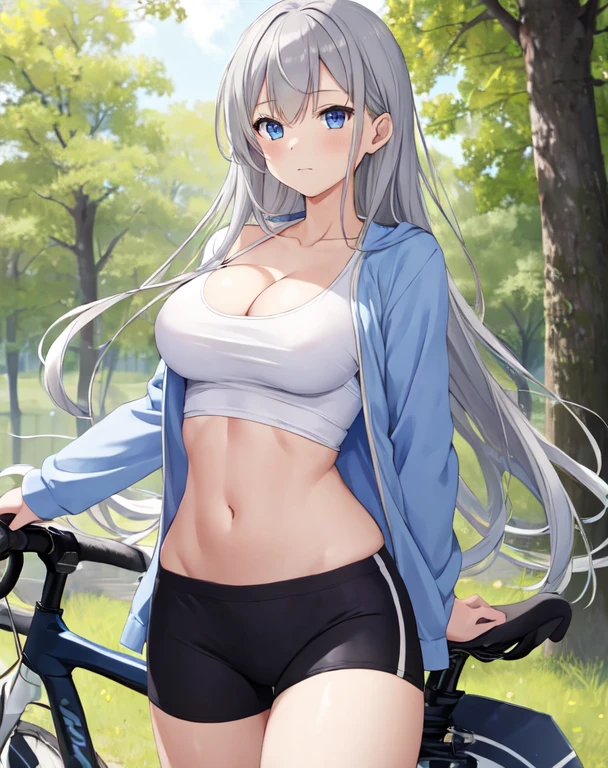 (((masterpiece))), ShizukaMikazuki, One Girl, alone, View your audience, Long Hair, Gray Hair, Long sleeve, Cleavage, Large Breasts, Close your mouth, clavicle, Abdominal muscles,Blouson, Open clothes, open Blouson, blue Blouson,open white shirt,Black shorts, Play sports often, bicycle,blue eyes,natural Park