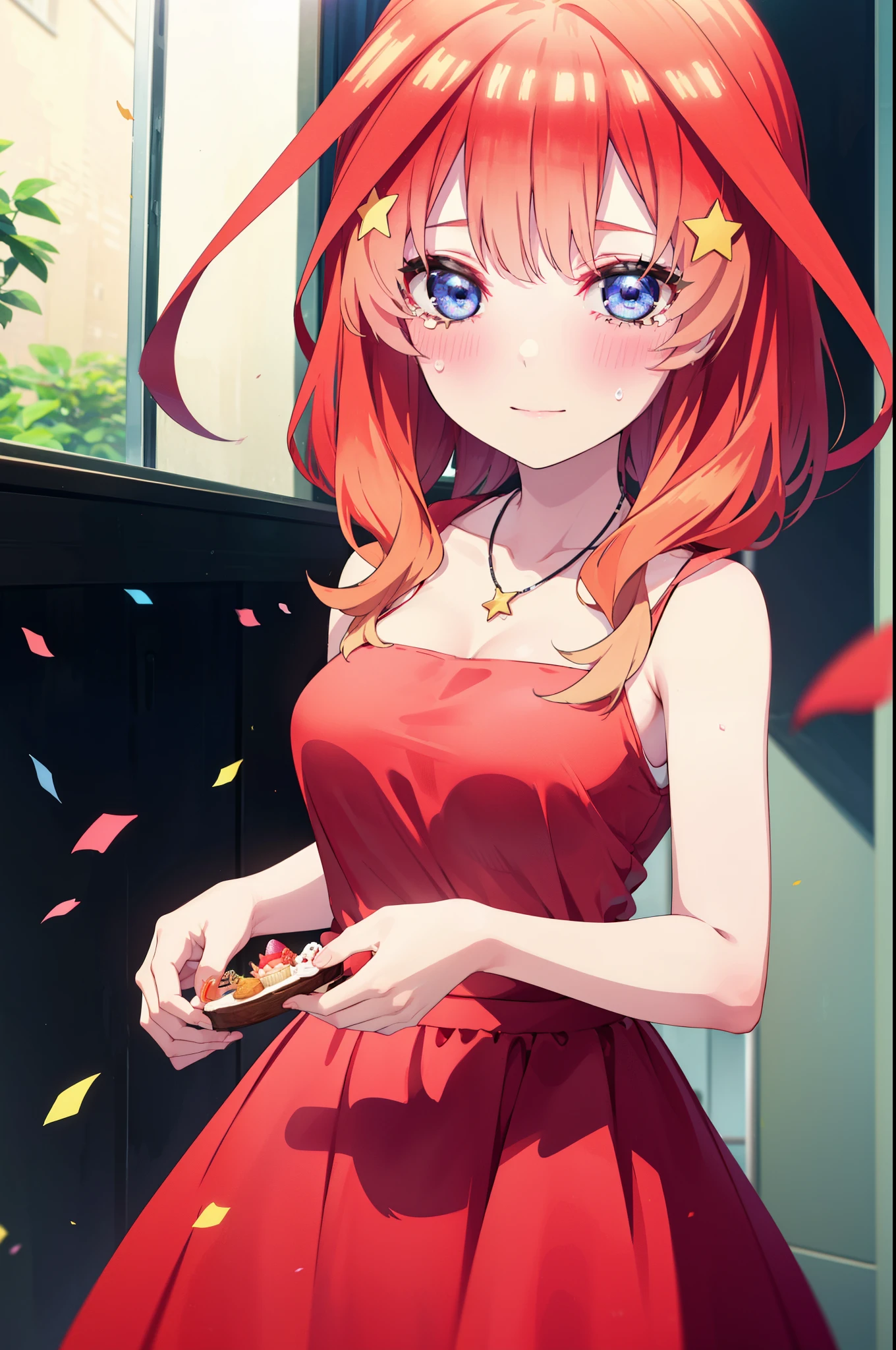 itsukinakano, Itsuki Nakano, bangs, blue eyes, Hair between the eyes, Ahoge, Redhead, tiara,star \(symbol\), hair ornaments,star hair ornaments,smile,blush,Red dress,Long skirt,Red Pin Heel,No sleeve,Expose your shoulders,Bare arms,Bare neck,bare clavicle,Heart Necklace,Tears stream down her face,Tears of joy,I cry a lot,holding a large bouquet of flowers in each hand,Confetti,There is a birthday cake on the table,
break indoors, on stage,
break looking at viewer, (Cowboy Shot:1.5),
break (masterpiece:1.2), highest quality, High resolution, unity 8k wallpaper, (shape:0.8), (Beautiful details:1.6), Highly detailed face, Perfect lighting, Highly detailed CG, (Perfect hands, Perfect Anatomy),