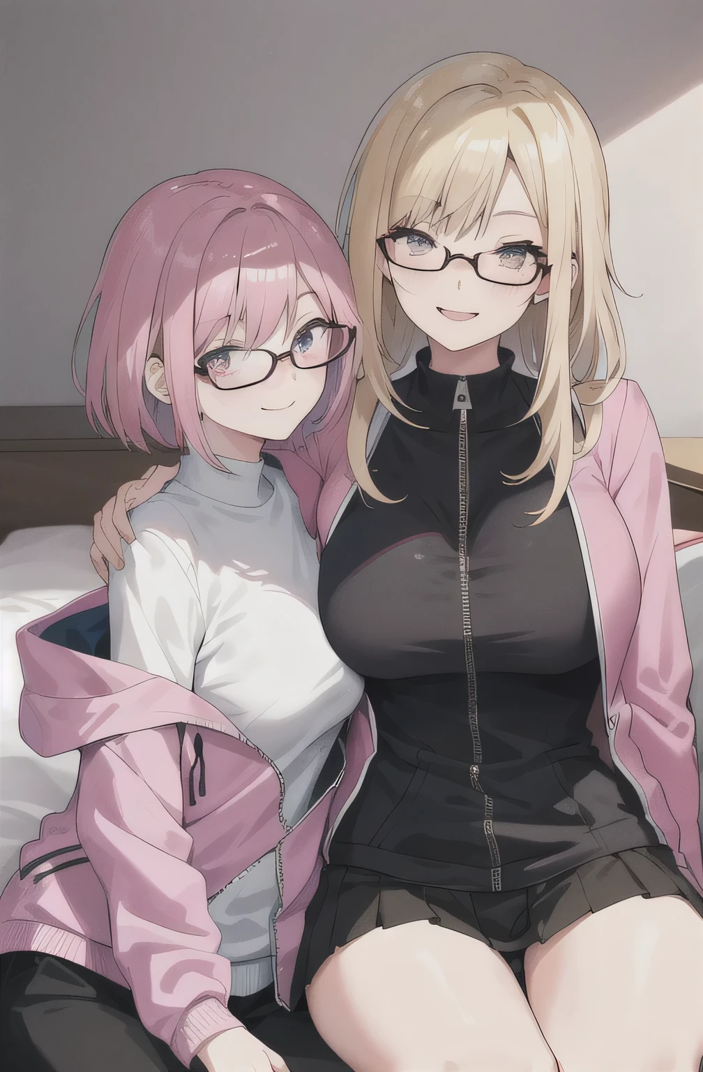 2 girls , sisters , 23 year old beautiful younger sister pink short hair huge breasts wear pink school sport jacket zipped shyness wearing glasses sitting on bed, 26 years old beautiful funny older sister blonde long hair small breasts ear's pierced cute gothic clothes no glasses , bedroom background ,look at camera , half body , (high resolution) , nsfw , exciting face ,smile , caressing breasts eachother, lesbian