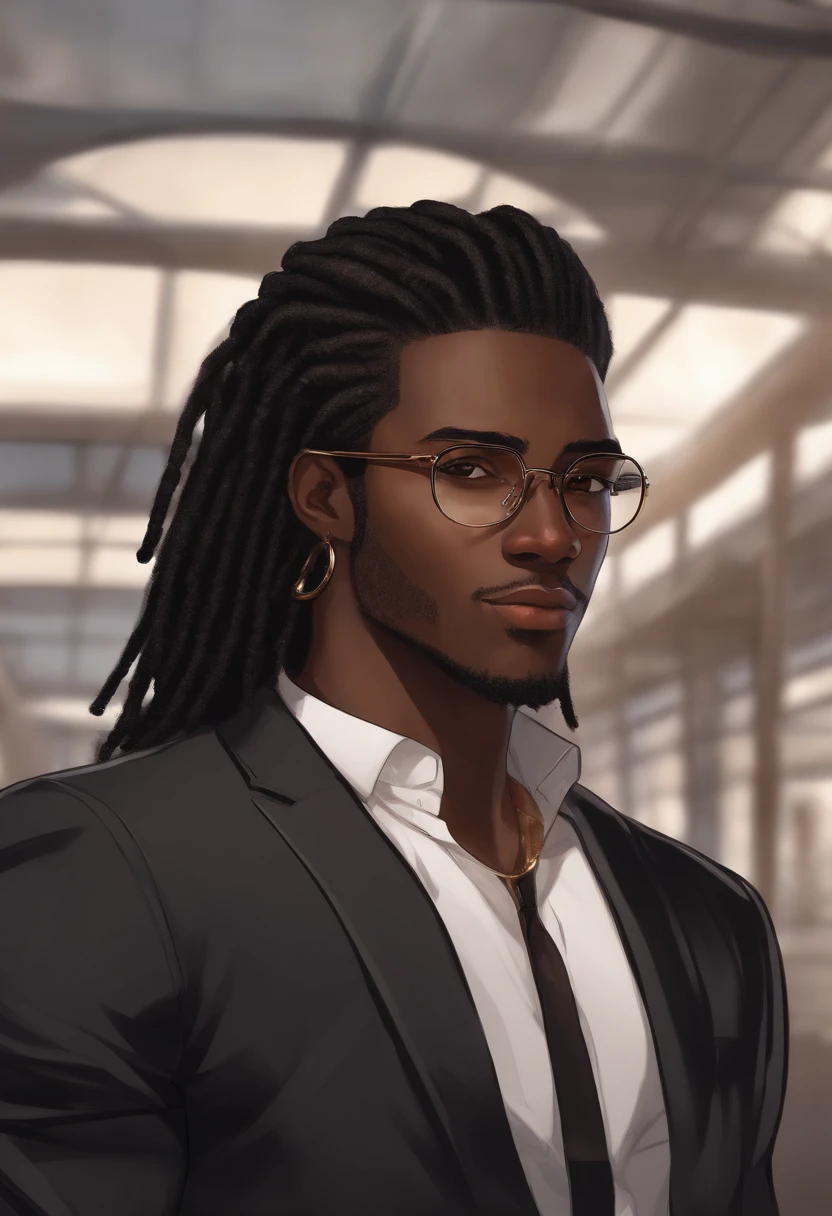 Dark skinned young man with brown eyes and a black suit, black dreadlocks, shoulder length dreadlock style hair, stubble beard, wearing black nerd glasses in an anime style, colored sketch, unrealistic character concept, character concept portrait, detailed character portrait, anime style character, anime style portrait, a character portrait, cel - shaded art style, His attire consists of a black, unbuttoned suit with gold colored buttons on the front of the blazer and on the bottom of his sleeves and he wears a white v-neck shirt, black pants, a large black belt with a silver buckle, a smaller black belt that hangs loose on the side of his hip, and has on tan shoes with black buckles.