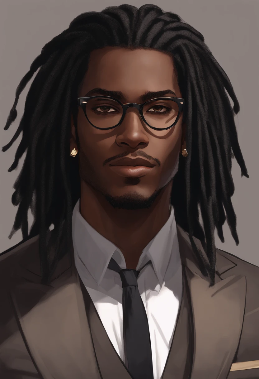Dark skinned young man with brown eyes and a black suit, black dreadlocks, shoulder length dreadlock style hair, stubble beard, wearing black nerd glasses in an anime style, colored sketch, unrealistic character concept, character concept portrait, detailed character portrait, anime style character, anime style portrait, a character portrait, cel - shaded art style, His attire consists of a black, unbuttoned suit with gold colored buttons on the front of the blazer and on the bottom of his sleeves and he wears a white v-neck shirt, black pants, a large black belt with a silver buckle, a smaller black belt that hangs loose on the side of his hip, and has on tan shoes with black buckles.