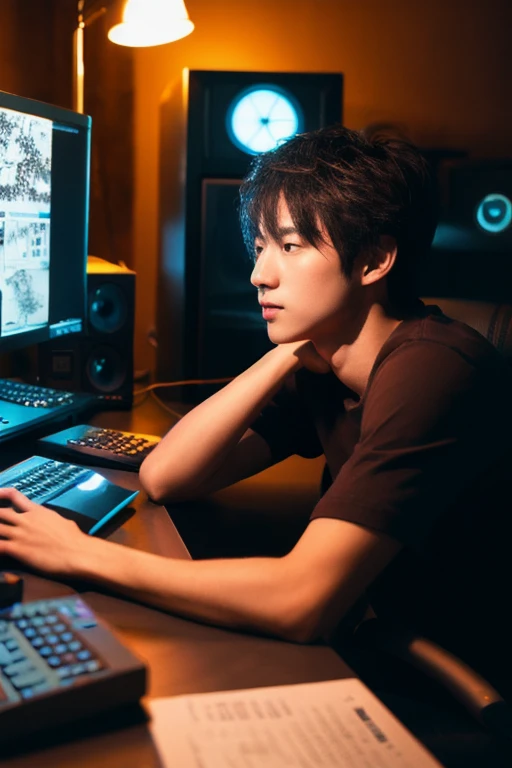 High Quality,Rich details,complex background,a male,Late night overtime,Sitting in front of the computer,Late Night,Knock Keyboard,Mouse, hi bebe