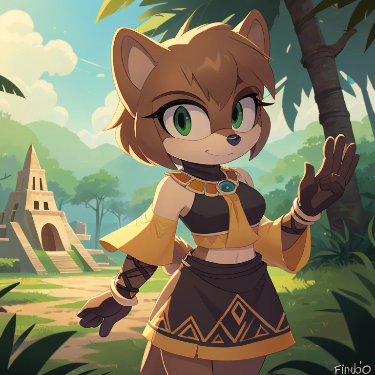 sonic (series), 1girl, anthro panther girl, female mobian, mobian, blunt bangs, short hair, green eyes, (brown fur:1.3), aztec clothes, aztec skirt, jungle biome, aztec piramid, outline, Intricate Details, Masterpiece, Best Quality, High Quality, Studio Quality, Best Detail, Perfect Detail, Refine Detail.