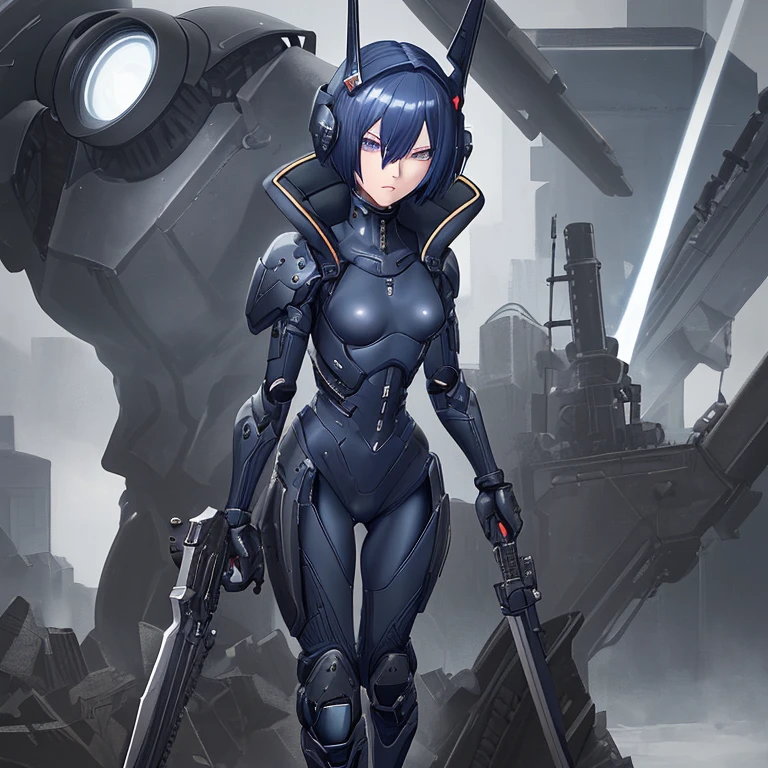 Dark blue hair，short hair，neutral，boyish，Hiding one eye，slender，Rin々A funny face，Powered Suit，Reinforced Suit，mechanical，Science fiction，Black sleeveless long coat，With a sword，headgear，Small breasts，Small breasts，tall，Slightly muscular，Handsome，The innerwear is a bodysuit，Armament，Pilot Suit，Hard boots，armor，Carrying a rifle，Chest protector，Protector on shoulder，I put on my coat，Waist device