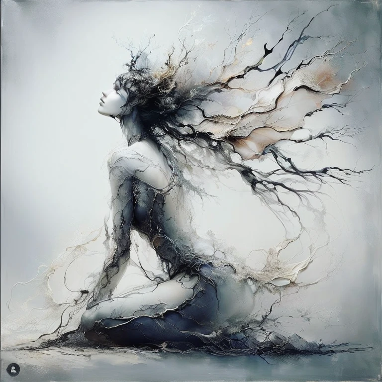 painting of a male with a tree in her hair, woman made of black flames, stunning art, stunning artwork, hauntingly beautiful art, inspired by Dorothea Tanning, beautiful art, dramatic artwork, powerful painting, gorgeous art, abstract figurative art, amazing art, mandy jurgens art, beautiful artwork, the element woman, eric lacombe, artistic illustration