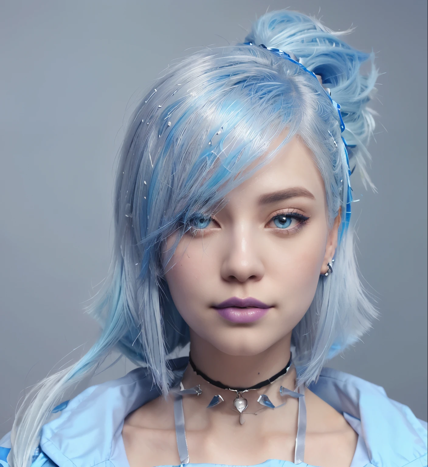 a close up of a woman with a blue hair and a choker, inspired by Sim Sa-jeong, detailed punk hair, azure. detailed hair, sky blue straight hair, the sims 4 texture, silver hair, girl silver hair, 4k hd. snow white hair, silver hair girl, ! two tone hair! dye, straight sky blue hair, best quality, 8k, realistic, 