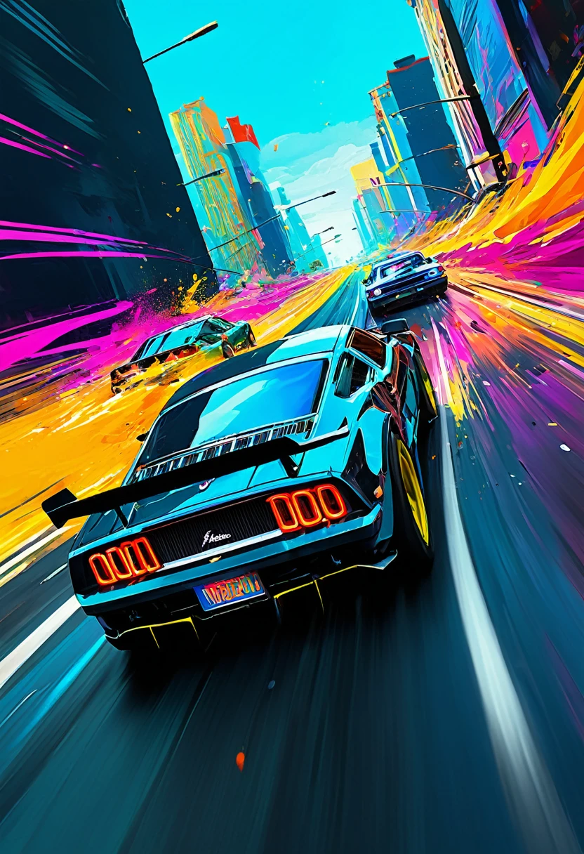 Need for Speed Video game, Car Chase, Neurodivergent Art, abstract, colorful, expressive, unique style, digital painting, high resolution, vibrant colors, personal interpretation, emotional impact, artist unknown, art showcase, inclusive, diverse representation