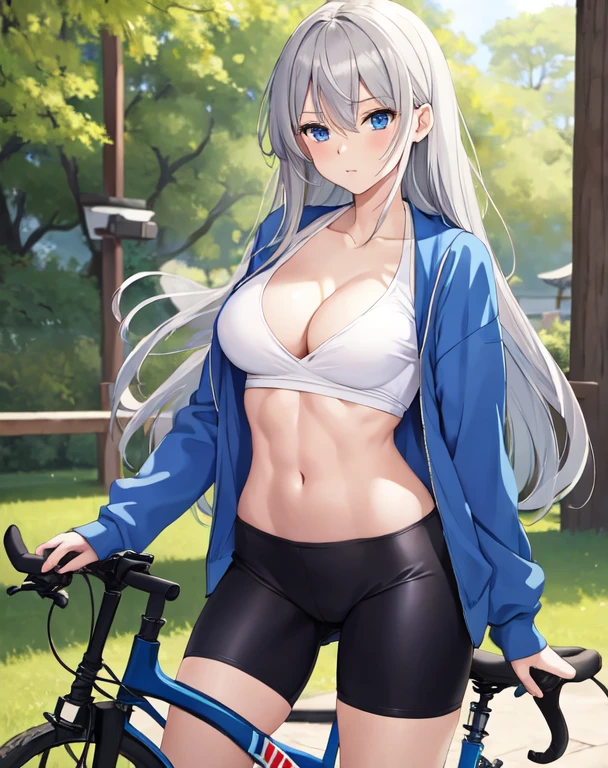 (((masterpiece))), ShizukaMikazuki, One Girl, alone, View your audience, Long Hair, Gray Hair, Long sleeve,Mature Body, Cleavage, Large Breasts, Close your mouth, clavicle, Abdominal muscles,Blouson, Open clothes, open Blouson, blue Blouson,open white shirt,Black hot pants, Play sports often, bicycle,blue eyes,Green Park