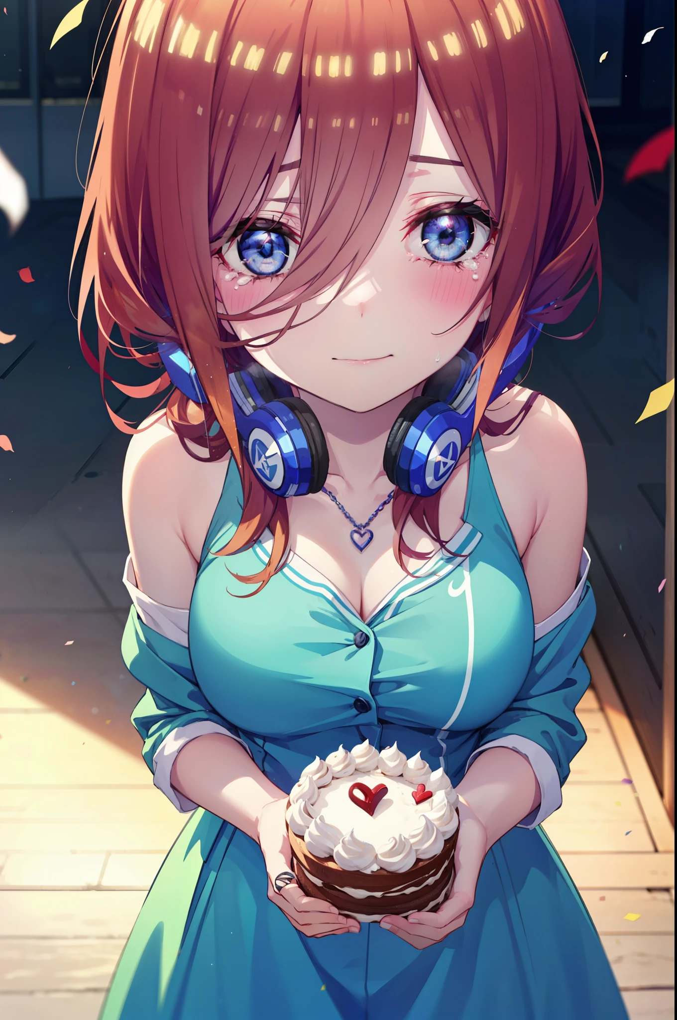 Miku Nakano, Miku Nakano, Long Hair, bangs, Brown Hair, shirt, Hair between the eyes, cardigan, Headphones around neck,tiara,Star Hair Ornament,smile,blush,Blue Dress,Long skirt,Red Pin Heel,No sleeve,Expose your shoulders,Bare arms,Bare neck,bare clavicle,Heart Necklace,Tears stream down her face,Tears of joy,I cry a lot,holding a large bouquet of flowers in each hand,Confetti,There is a birthday cake on the table,
break indoors, on stage,
break looking at viewer, (Cowboy Shot:1.5),
break (masterpiece:1.2), highest quality, High resolution, unity 8k wallpaper, (shape:0.8), (Beautiful details:1.6), Highly detailed face, Perfect lighting, Highly detailed CG, (Perfect hands, Perfect Anatomy),