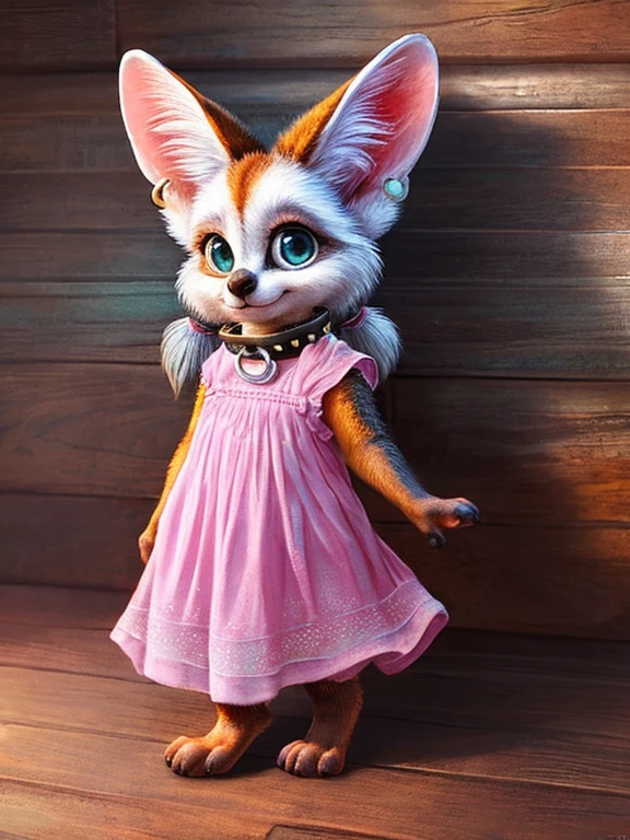 winnie, fennec, small, young, cub, white fur, solo,  pigtails, beautiful cute face, smile,, big teal eyes,
silver hoop ear rings, hot pink spiked collar, sheer hot pink sundress, wood floor, stone wall,
looking at viewer, full body,
detailed, detailed background, realistic, textured fur
