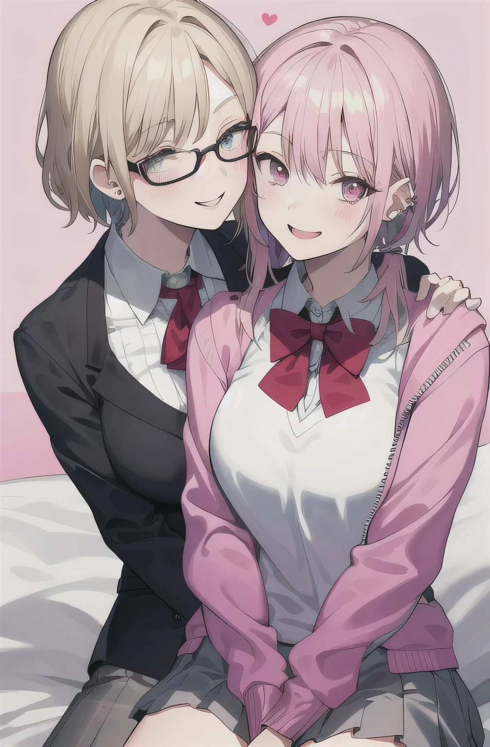2 girls , sisters , 23 year old beautiful younger sister pink short hair huge breasts wear pink school sport jacket zipped shyness wearing glasses sitting on bed, 26 years old beautiful funny older sister blonde long hair small breasts ear's pierced cute gothic clothes no glasses , bedroom background ,look at camera , half body , (high resolution) , nsfw , exciting face ,smile , kissing, lesbian