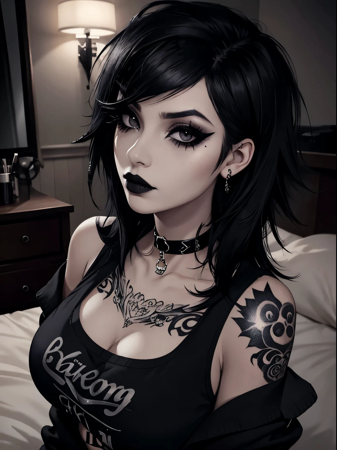 1girl, woman, emo_hairstyle, black lipstick, big choker, eyeliner, eye shadow, mascara, smoky eyes, black lips, bedroom, natural lighting, perfect face, emo, big breasts, black lips, sweatshirt, over the shoulder, tattoo