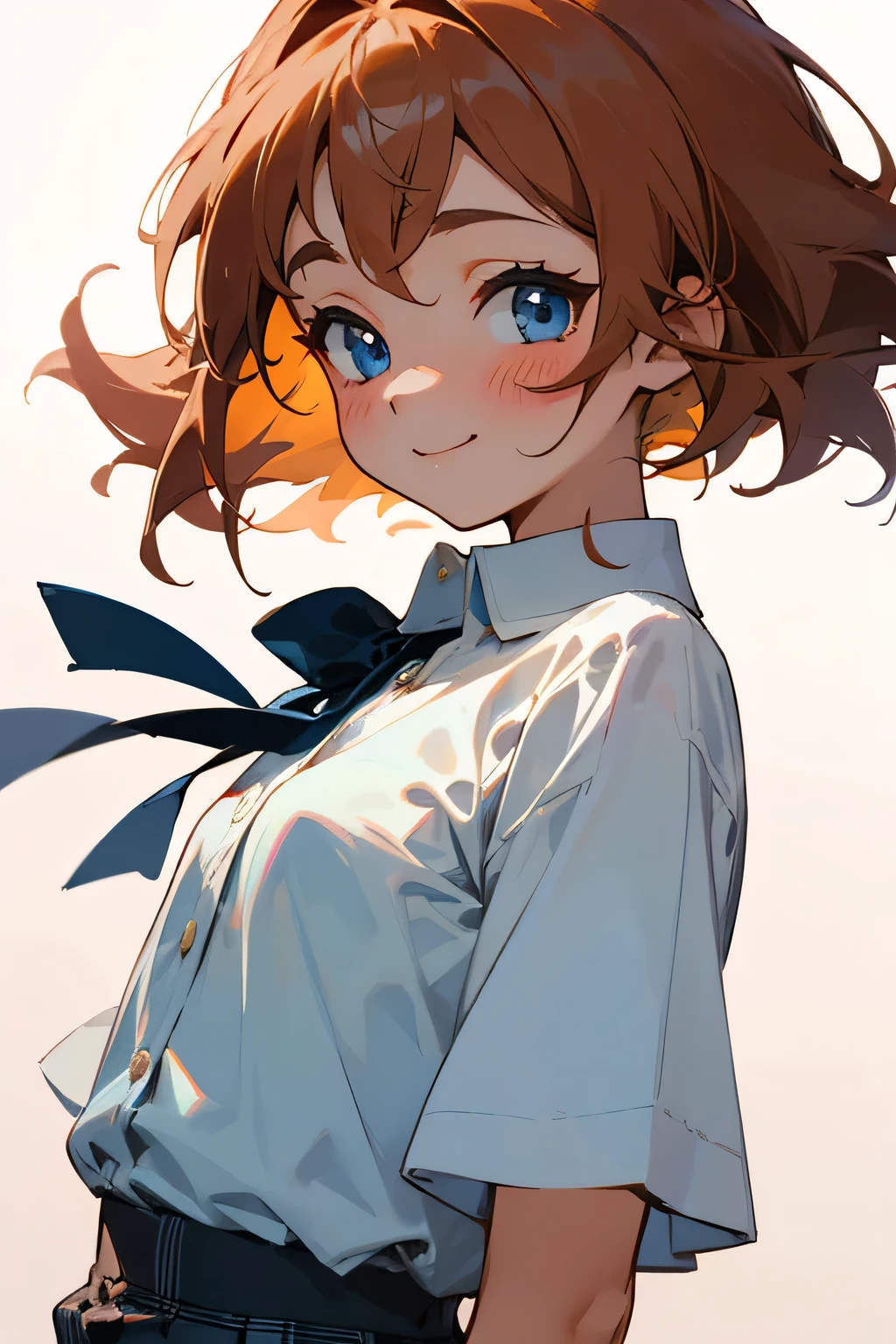 16-year-old girl、Chestnut Hair、Blue Eyes、smile、blush、Small breasts、From the side、white blouse shirt、Checked mini skirt、Upper body close-up