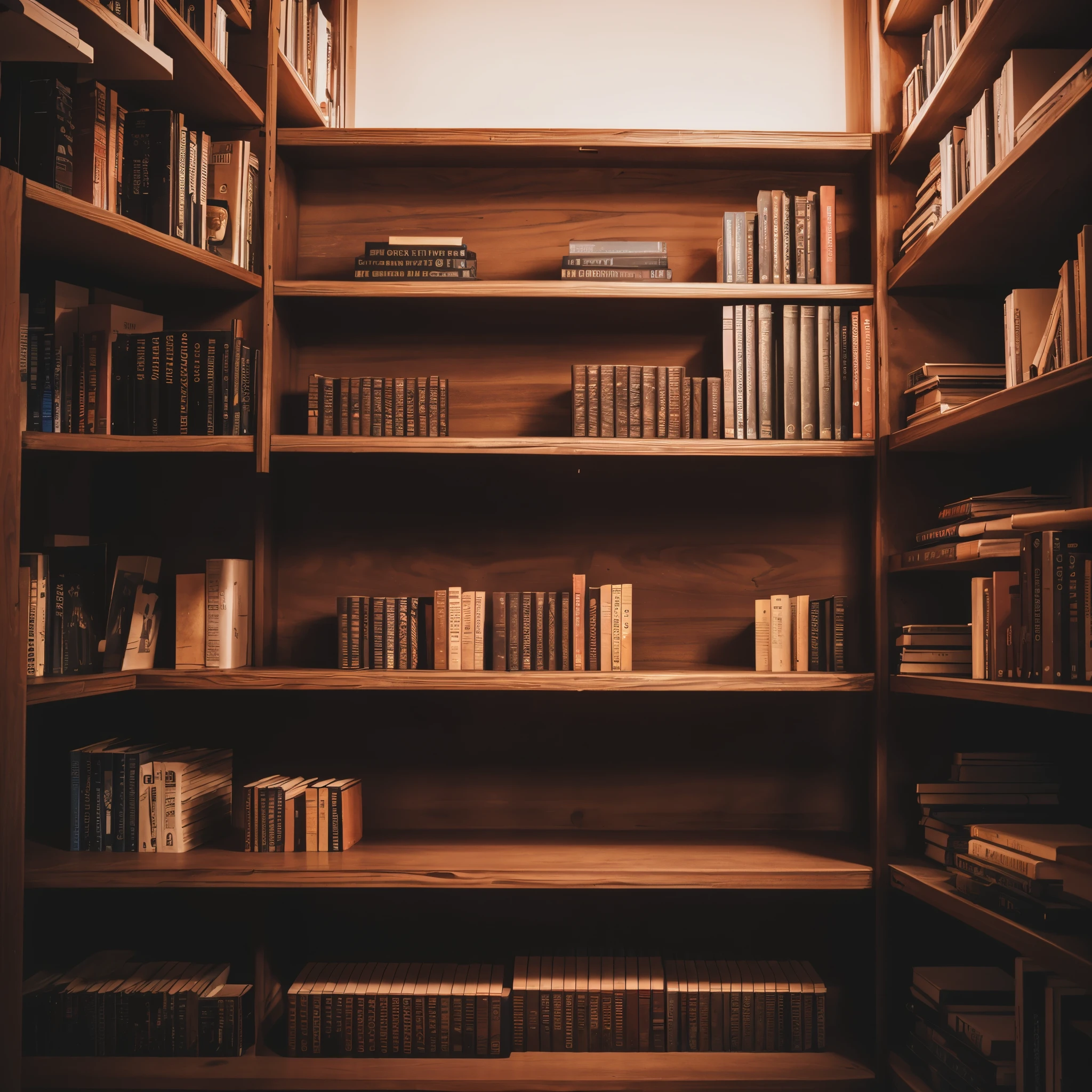 Generate an image about gloomy book shelves in eye-level perspective.