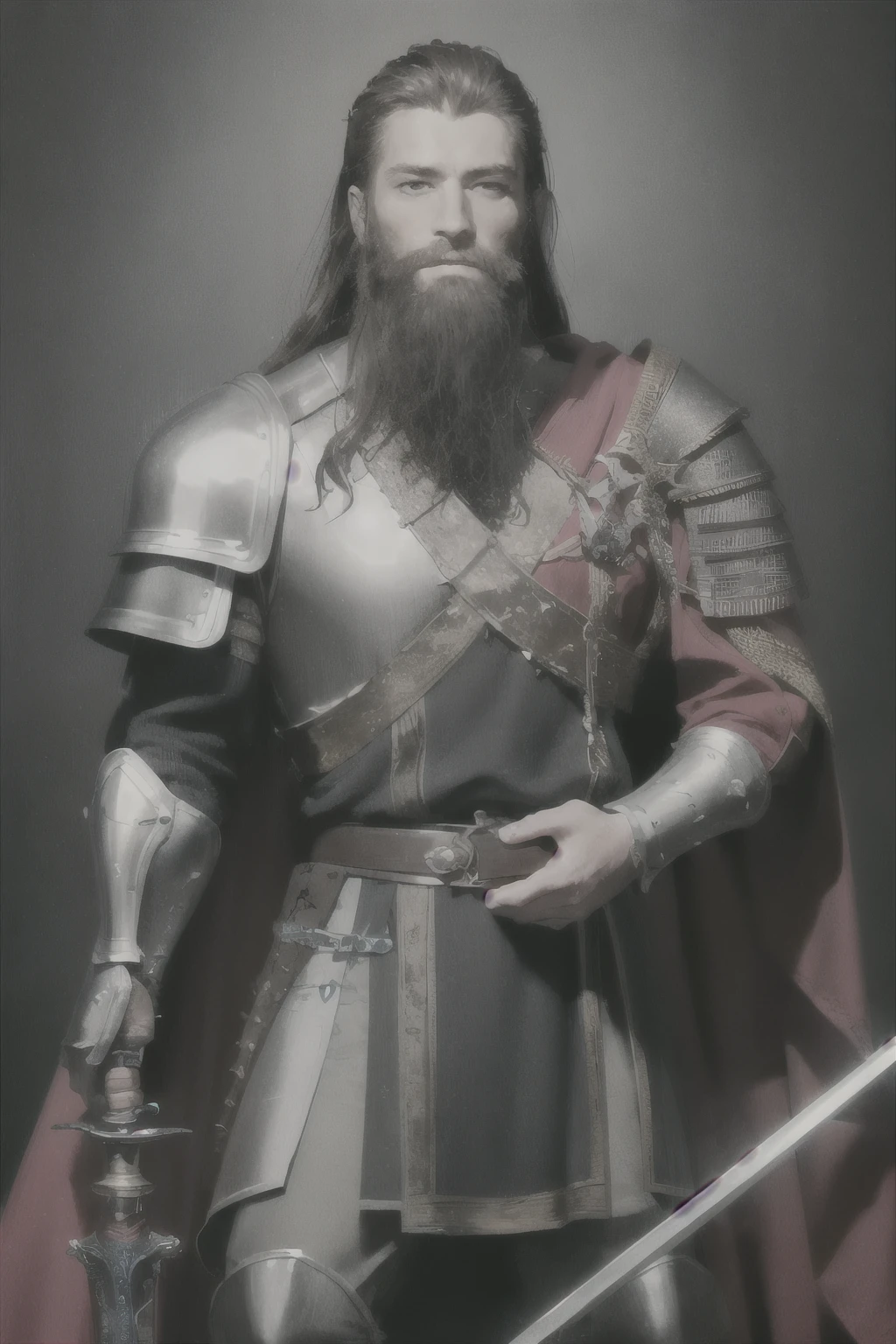 portrait of a man, wearing medieval clothing and armor, sword on his hips, holding his hand forward and water flowing around his hand, poor clothing, ripped clothes, leg armor, beard, blue glowing eyes, long beard, dark red sword, water flowing around, water bender, water magic