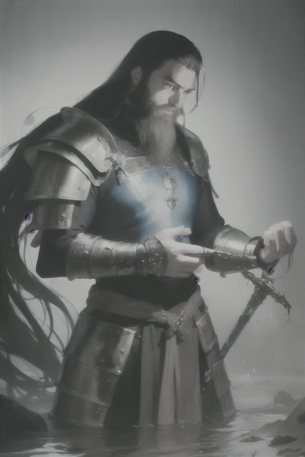 portrait of a man, wearing medieval clothing and armor, sword on his hips, holding his hand forward and water flowing around his hand, poor clothing, ripped clothes, leg armor, beard, blue glowing eyes, long beard, dark red sword, water flowing around, water bender, water magic