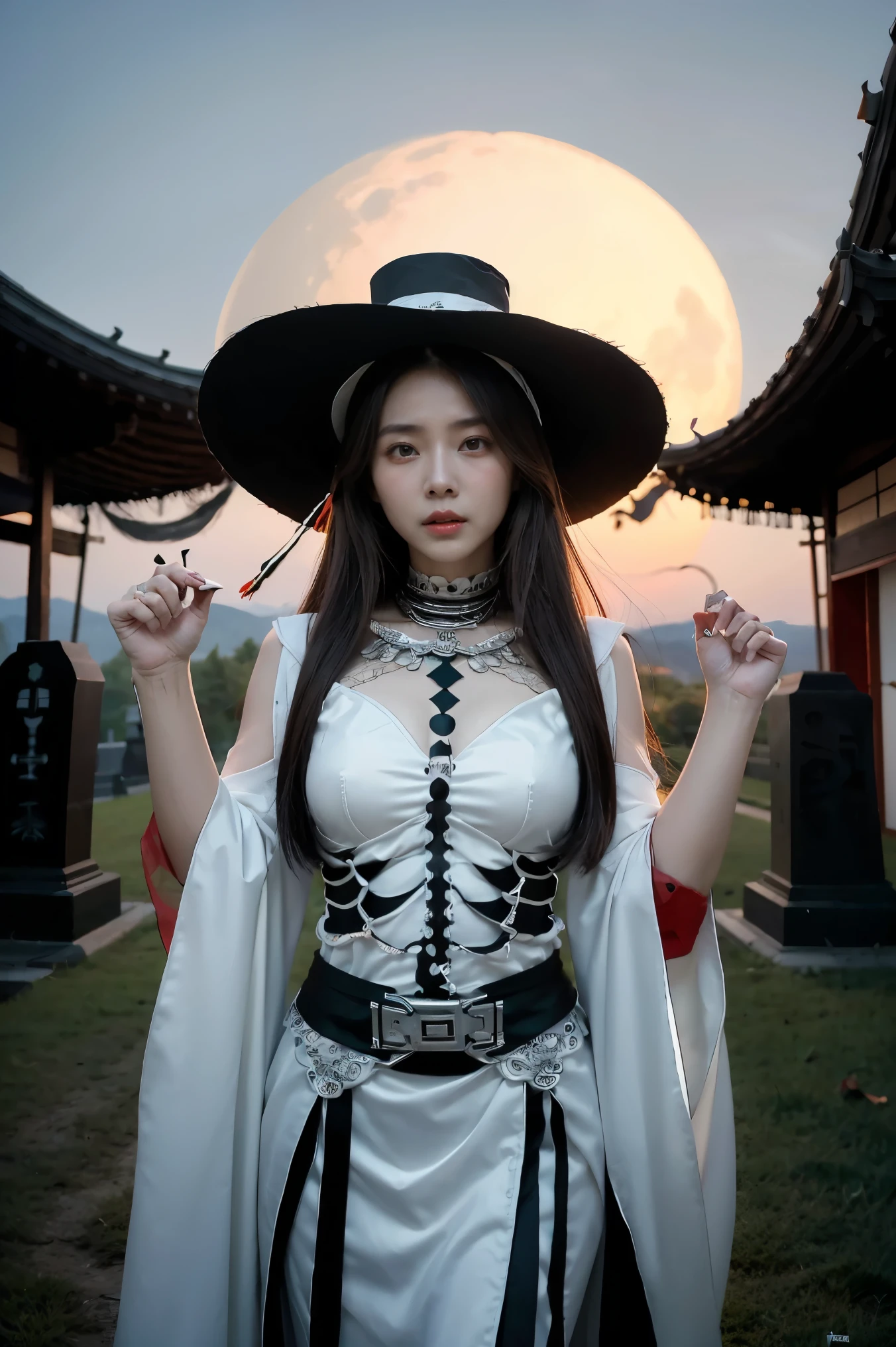 arafed woman in a skeleton costume with a hat on her head, hone onna skeleton geisha, skeleton girl, xue han, goddess of death, goddess of death in a graveyard, inspired by Xie Huan, eerie art style, saint skeleton queen, lulu chen, halloween art style, jingna zhang, wenfei ye, 2 d cg