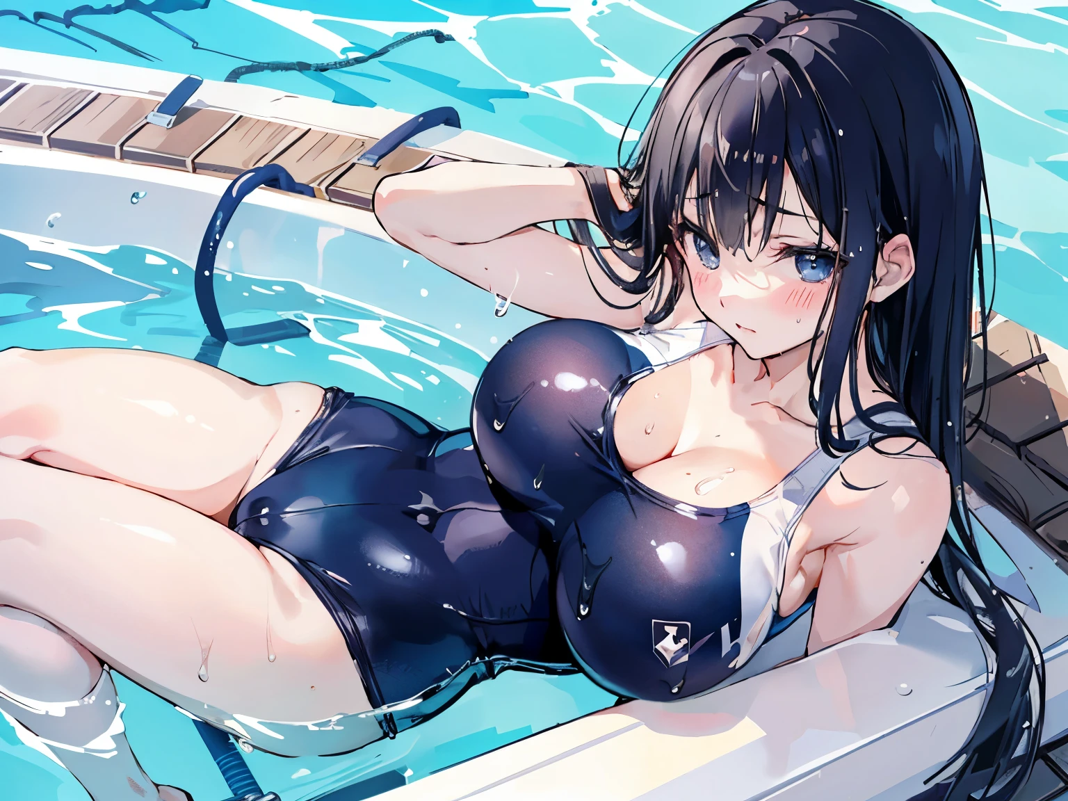 beautiful girl、high school girl、Wet black hair、Shy expression、blush、Navy blue school swimsuit、big breast body shape、Japan School Pool、Water Drop、Wet Skin、Wet swimsuit