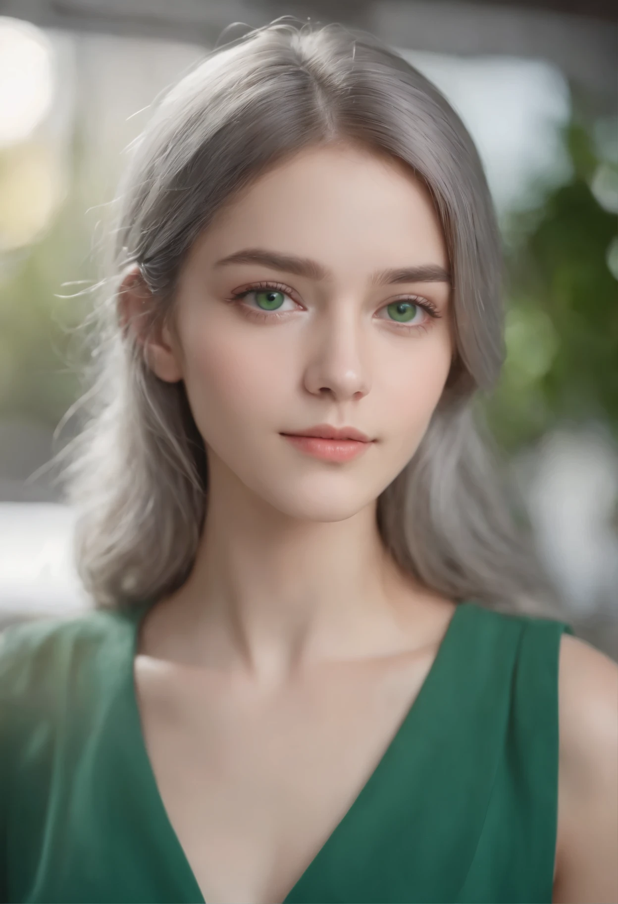 Fair skin, 17 years old, woman,Natural gray hair, characteristic green eyes, Slender and elegant, beautiful, Cafe, Ultra-sharp focus, Realistic shots, Maid clothes,