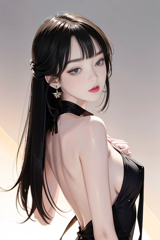 tsuruta ichiro, Narrow-eyed, 1girl in, Allback、deadpan、short-hair、shorth hair、brow、Reluctance、A dark-haired、Tucked Hair Solo, Cowgirl, Onepiece, ((mideum breasts)), Thin slit eyes、Black eyes, Light shines on the eyes、Black hair, gloves, Dress, Luxurious Jewelry, earrings, sharp eye、 elbow groves,Raise your hands and tie your hair back, random color, random color dress, Makeup for long eyes, Slender eyes、lip stick, Complex petal pattern, Rim Light, Back Light, pastel color,Studio Lighting