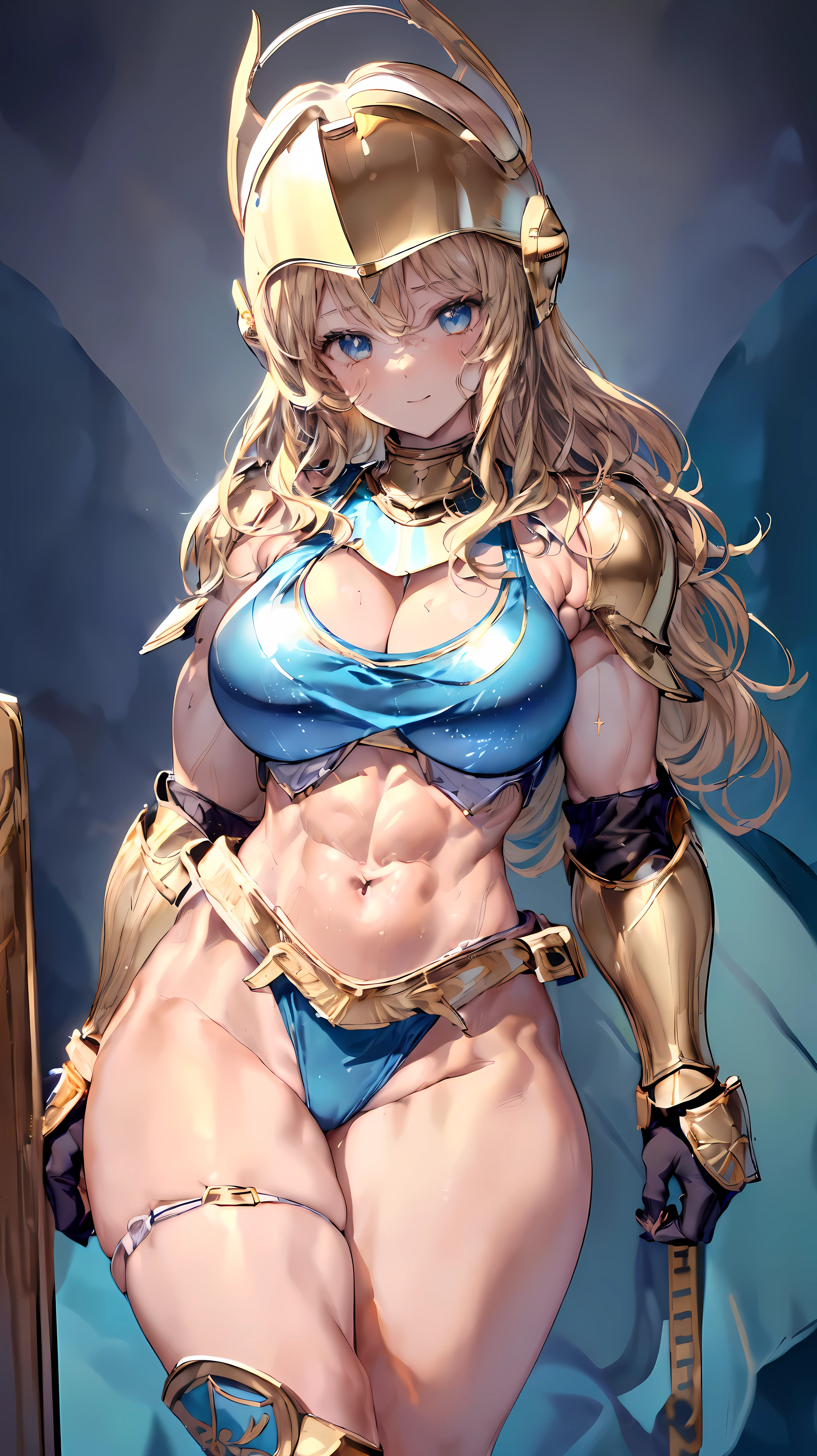 (Adult women:1.5)、Very detailed、highest quality、Best image quality、masterpiece、8k、Anime Face、A kind smile、Open your mouth、Sparkling blue eyes、(Blonde Wavy Hair:1.5)、、Muscles of the whole body、(High leg:1.5)、(Thigh belt:1.5)、(Wearing gold bikini armor:1.5)、(Cowboy Shot:1.5)、(Leg armor:1.5)、(Wearing a helmet:1.5)