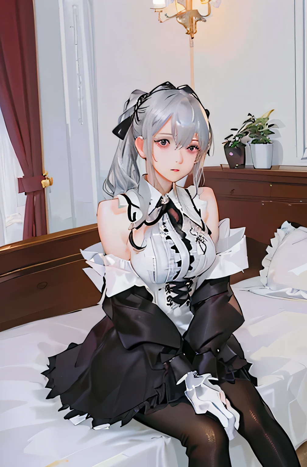 (((1 girl)),Ray Tracing,(Dim lighting),[Detailed Background (Bedroom)),((Silver Hair)),((Silver Hair)),(Fluffy Silver Hair, Plump and slender girl)) Raised ponytail)))) Avoid blonde eyes in the ominous Bedroom ((((Girls、She wears intricately embroidered black high-waisted pants and pantyhose.。) White frilly ribbon gloves), Showing off a delicate, slim figure and graceful curves, Correct limbs, Sitting on the bed、8K、Perfect female body、Red line clothes、8K、High quality、Naughty fashion、Big Breasts、Eros、Lingerie、Pink outfit、bikini