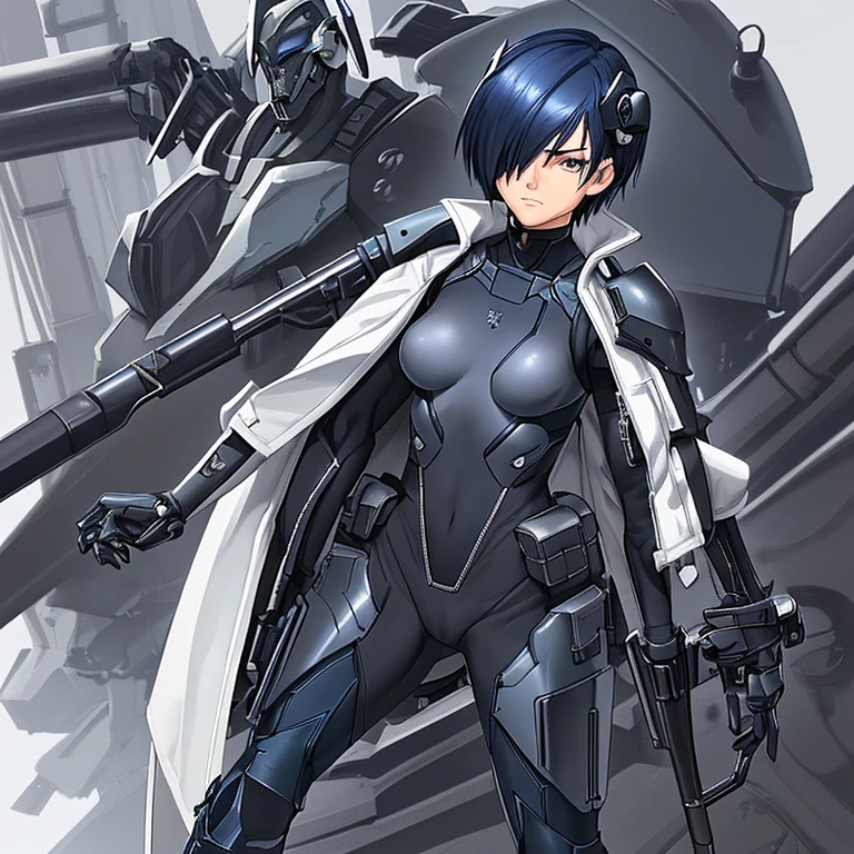 Dark blue hair，short hair，neutral，boyish，Hiding one eye，slender，Rin々A funny face，Powered Suit，Reinforced Suit，mechanical，Science fiction，Black sleeveless long coat，With a sword，headgear，Small breasts，Small breasts，tall，Slightly muscular，Handsome，The innerwear is a bodysuit，Armament，Pilot Suit，Hard boots，armor，Carrying a rifle，Chest protector，Protector on shoulder，I put on my coat，Waist device，1 person