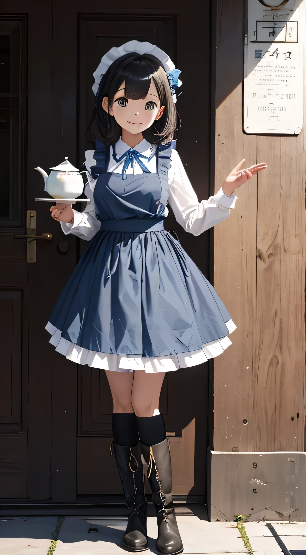 1 girl in、as-、A smile、The shirt、skirt by the、（small tit）、doress、one hand holding a plate，aprons、hair adornments、Chevoglis Court、（Light blue maid outfit）、（The whole body  from head to toe），character  design，（Full body like），Puffy skirt，teapot，Wear leather boots，