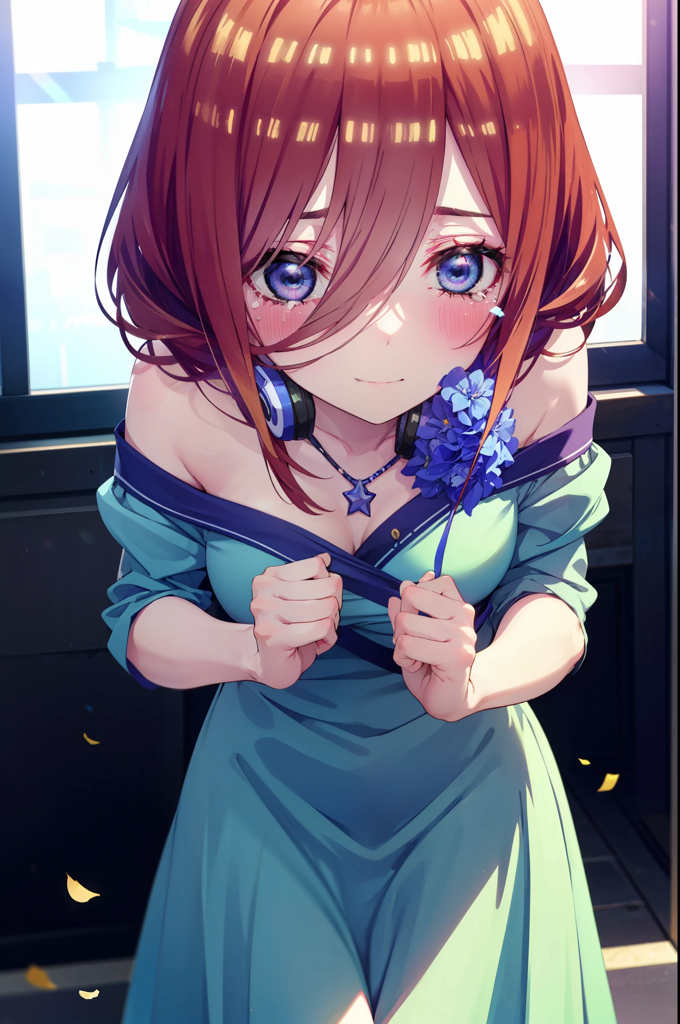 Miku Nakano, Miku Nakano, Long Hair, bangs, Brown Hair, shirt, Hair between the eyes, cardigan, Headphones around neck,tiara,Star Hair Ornament,smile,blush,Blue Dress,Long skirt,Red Pin Heel,No sleeve,Expose your shoulders,Bare arms,Bare neck,bare clavicle,Heart Necklace,Tears stream down her face,Tears of joy,I cry a lot,holding a large bouquet of flowers in each hand,Confetti,There is a birthday cake on the table,
break indoors, on stage,
break looking at viewer, (Cowboy Shot:1.5),
break (masterpiece:1.2), highest quality, High resolution, unity 8k wallpaper, (shape:0.8), (Beautiful details:1.6), Highly detailed face, Perfect lighting, Highly detailed CG, (Perfect hands, Perfect Anatomy),