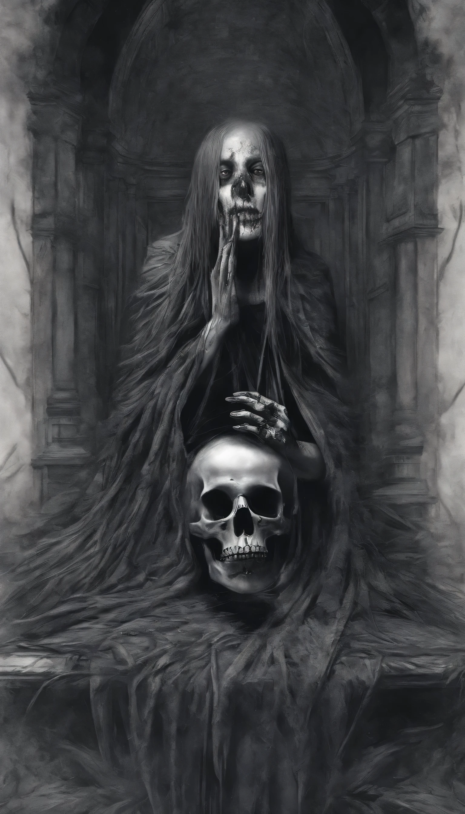 1girl, Masterpiece, Best Quality, Photorealistic, feather_Doulikui, sitting, skull, death, sorrow