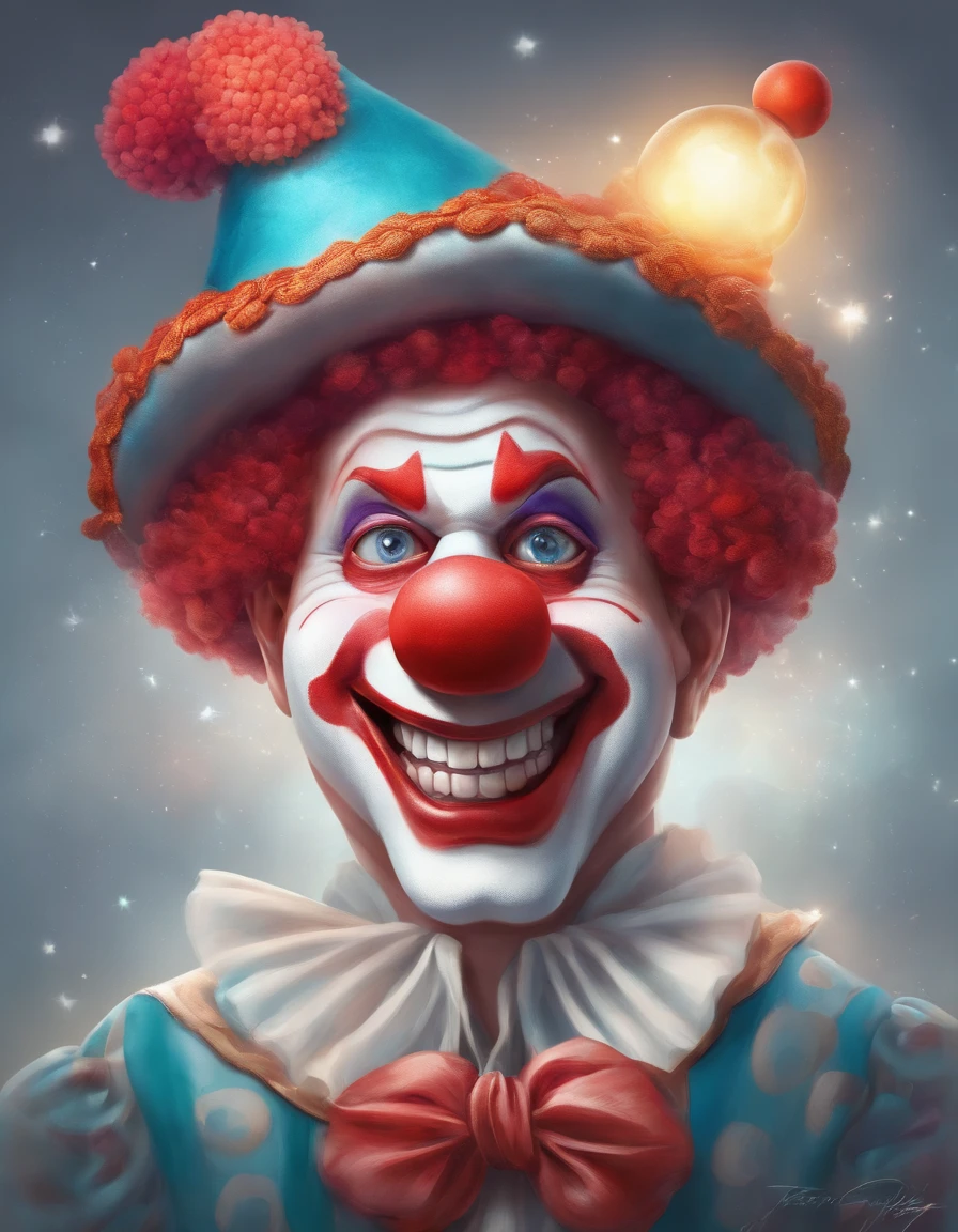 Clean background, (white face clown), wearing colorful knitted texture hat, intricate detail hat, ((full body shot)), (realistic style), (face thickly painted white)), red mouth, nose wearing red sponge ball, movie grade light effect, funny action, happy clown, looking at the audience, white gloves, colored magic wand in hand, clown character costume, Red plush shoes with big head, highest quality, master art, masterpiece, (with high artistic viewing), 4K picture quality,